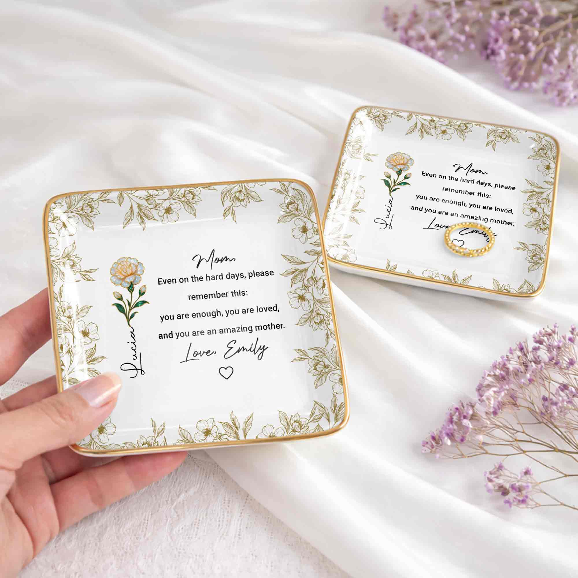 Even On The Hard Days Mom Message Floral Jewelry Dish - Personalized Custom Jewelry Dish, Ceramic Dish, Square Shape - MOM174_SCRF