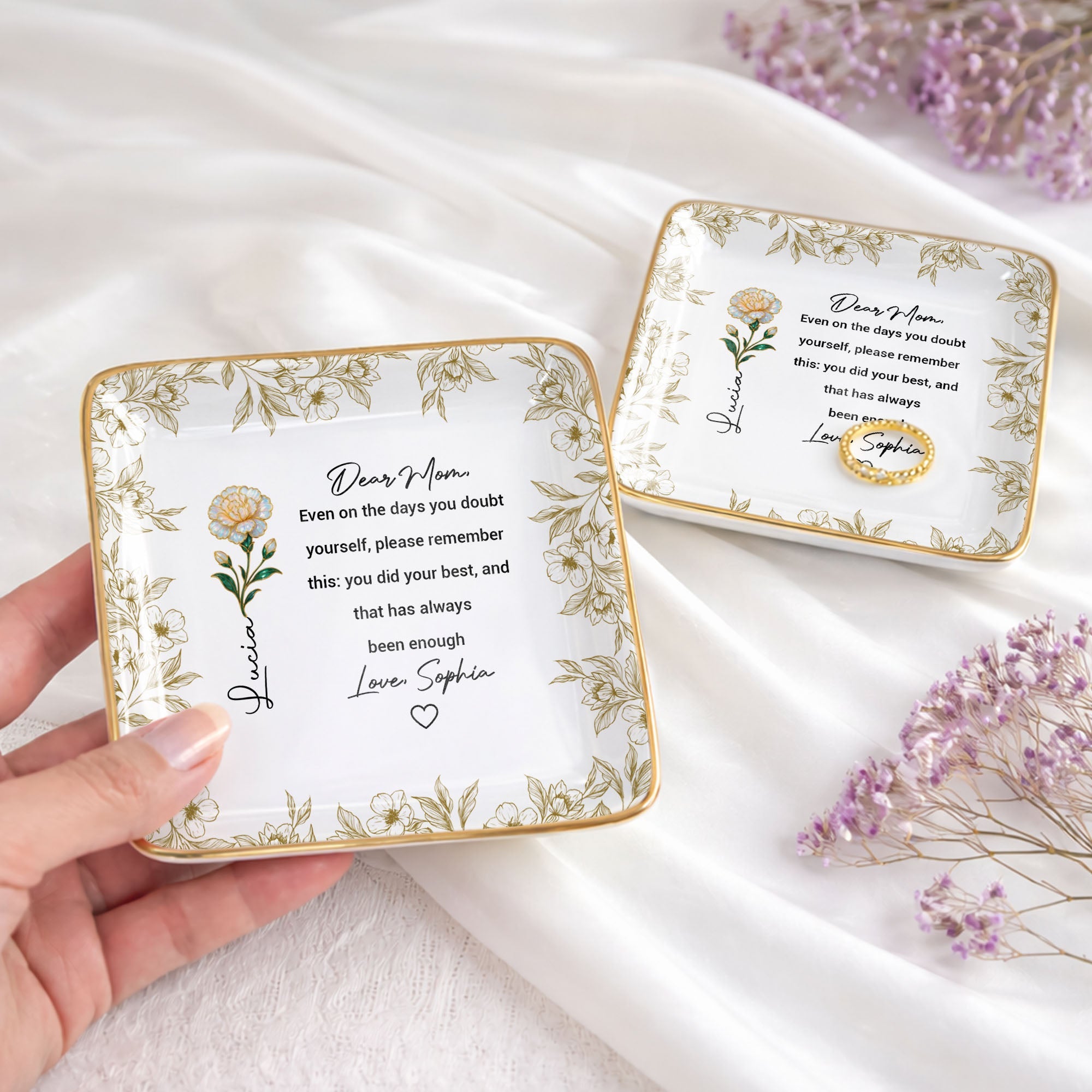 Dear Mom Even On The Days You Doubt Yourself Flower Jewelry Dish - Personalized Custom Jewelry Dish, Ceramic Dish, Square Shape - MOM175_SCRF