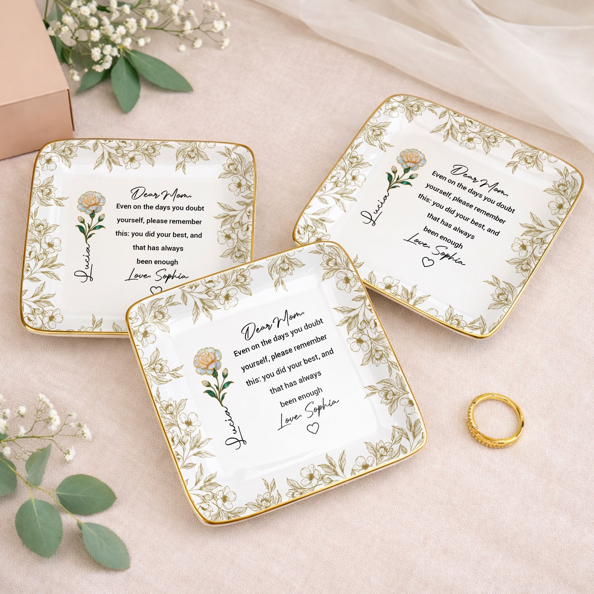 Dear Mom Even On The Days You Doubt Yourself Flower Jewelry Dish - Personalized Custom Jewelry Dish, Ceramic Dish, Square Shape - MOM175_SCRF