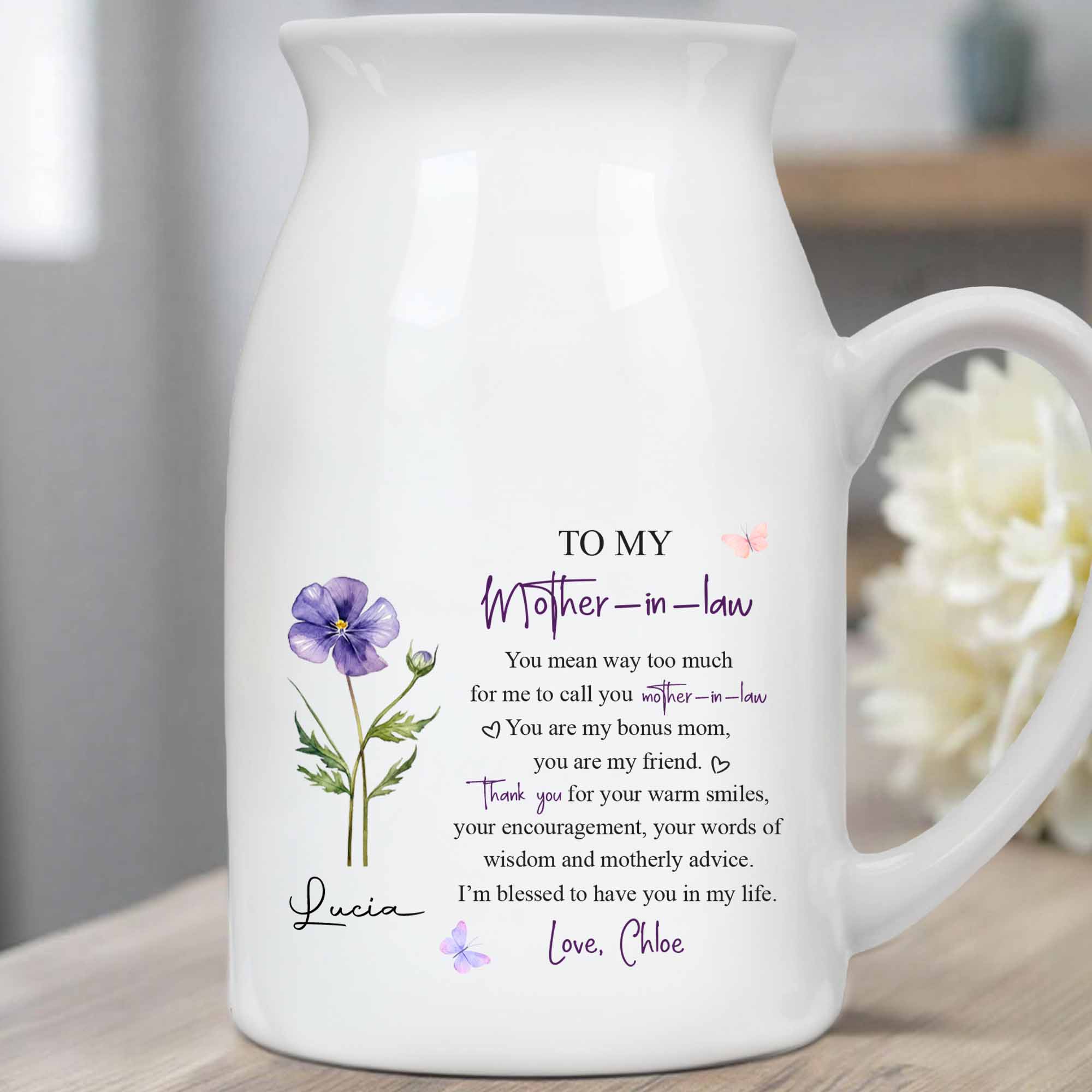 To My Mother In Law Bonus Mom Message With Purple Flower And Butterflies - Personalized Ceramic Flower Vase