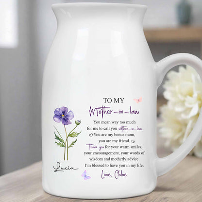 To My Mother In Law Bonus Mom Message With Purple Flower And Butterflies - Personalized Ceramic Flower Vase