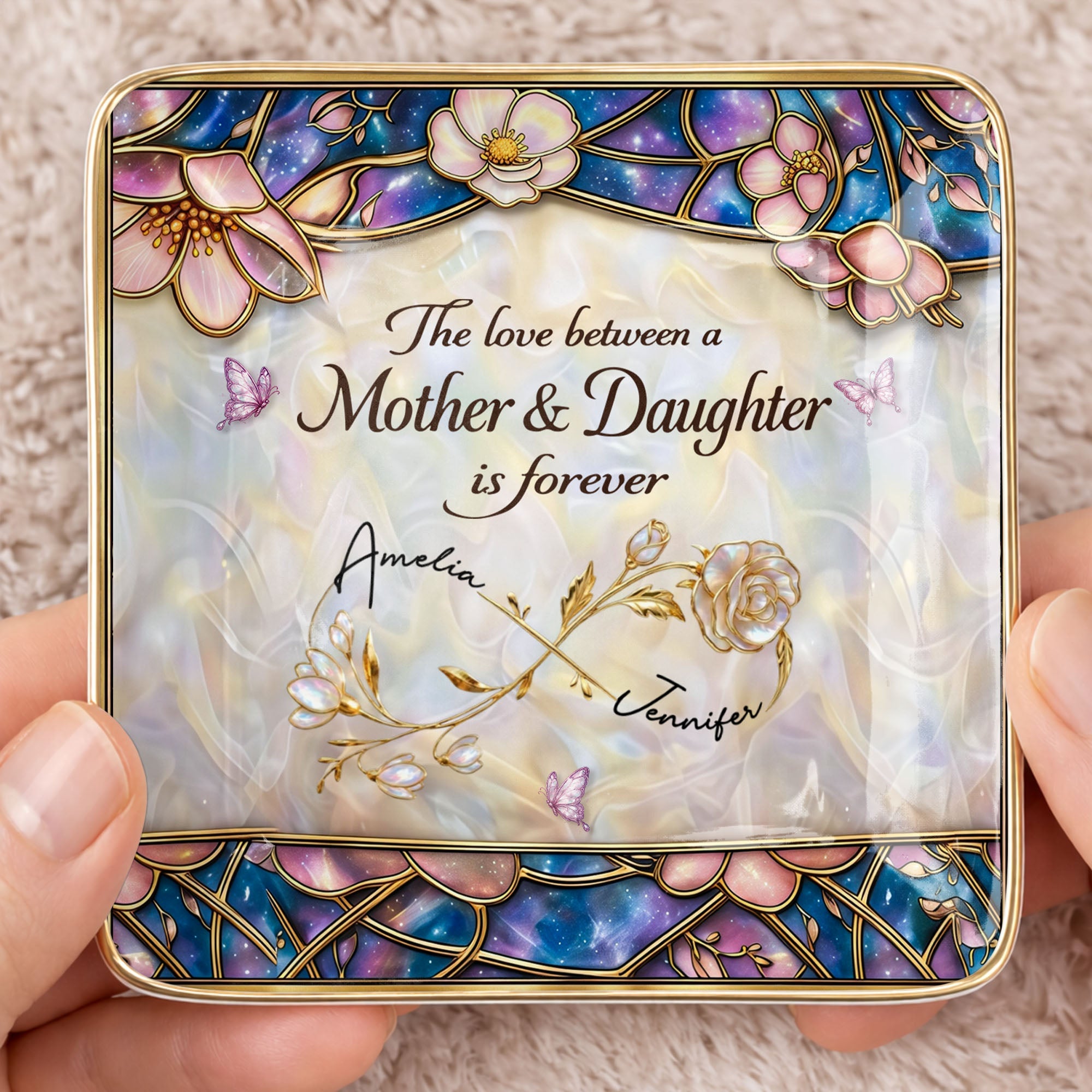 The Love Between A Mother And Daughter Is Forever Flower Butterfly Dish - Personalized Custom Jewelry Dish, Ceramic Dish, Square Shape - MOM196_SCRF