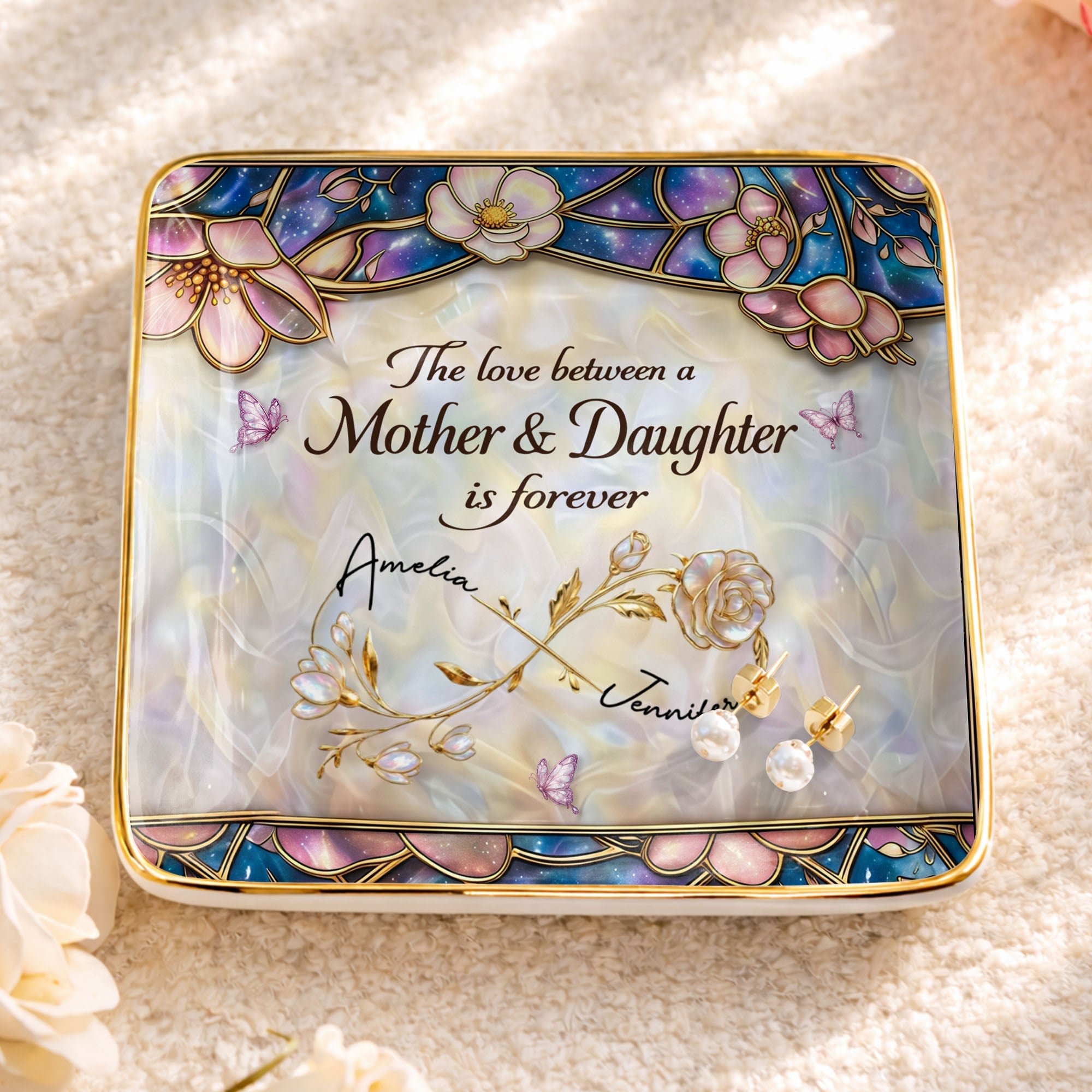 The Love Between A Mother And Daughter Is Forever Flower Butterfly Dish - Personalized Custom Jewelry Dish, Ceramic Dish, Square Shape - MOM196_SCRF