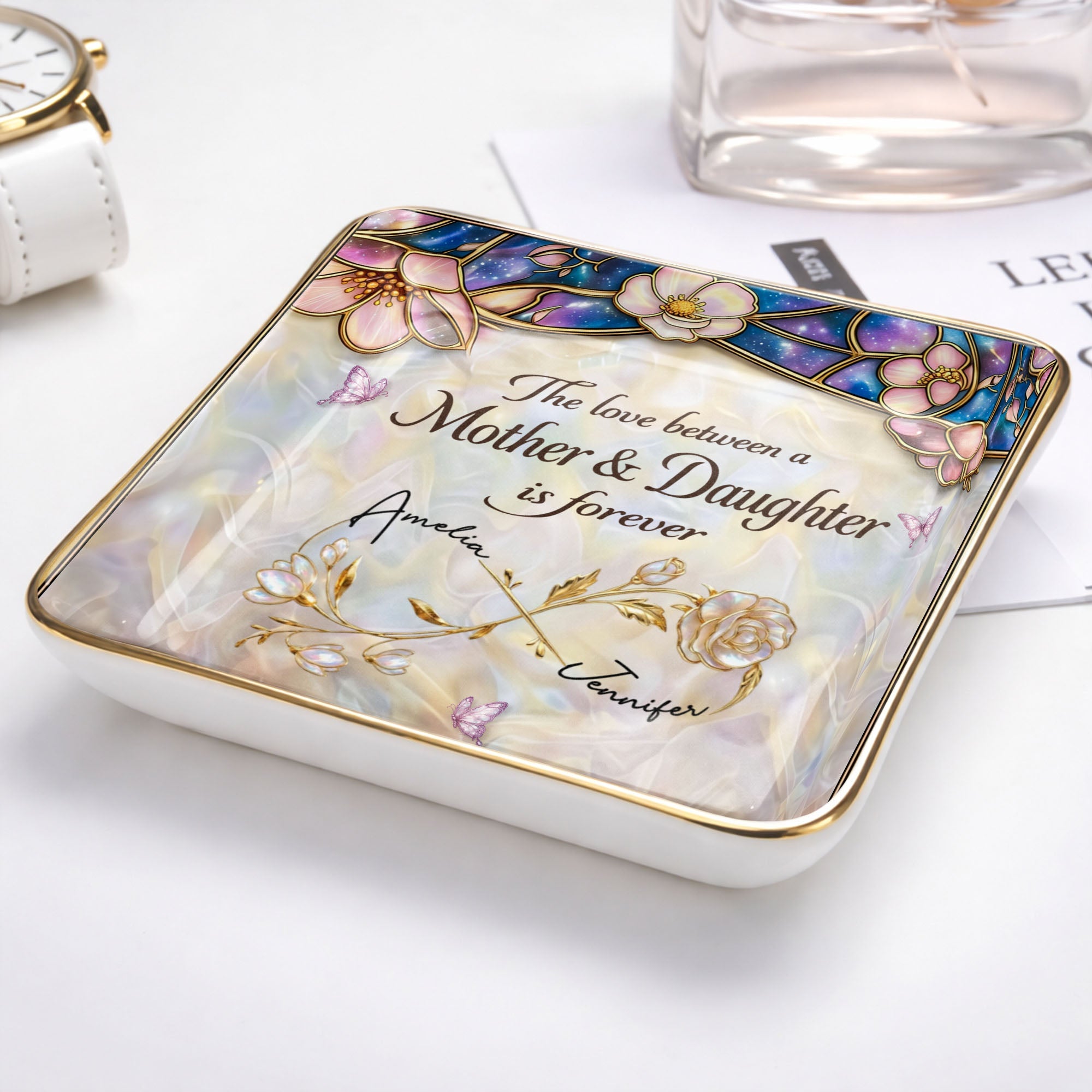 The Love Between A Mother And Daughter Is Forever Flower Butterfly Dish - Personalized Custom Jewelry Dish, Ceramic Dish, Square Shape - MOM196_SCRF
