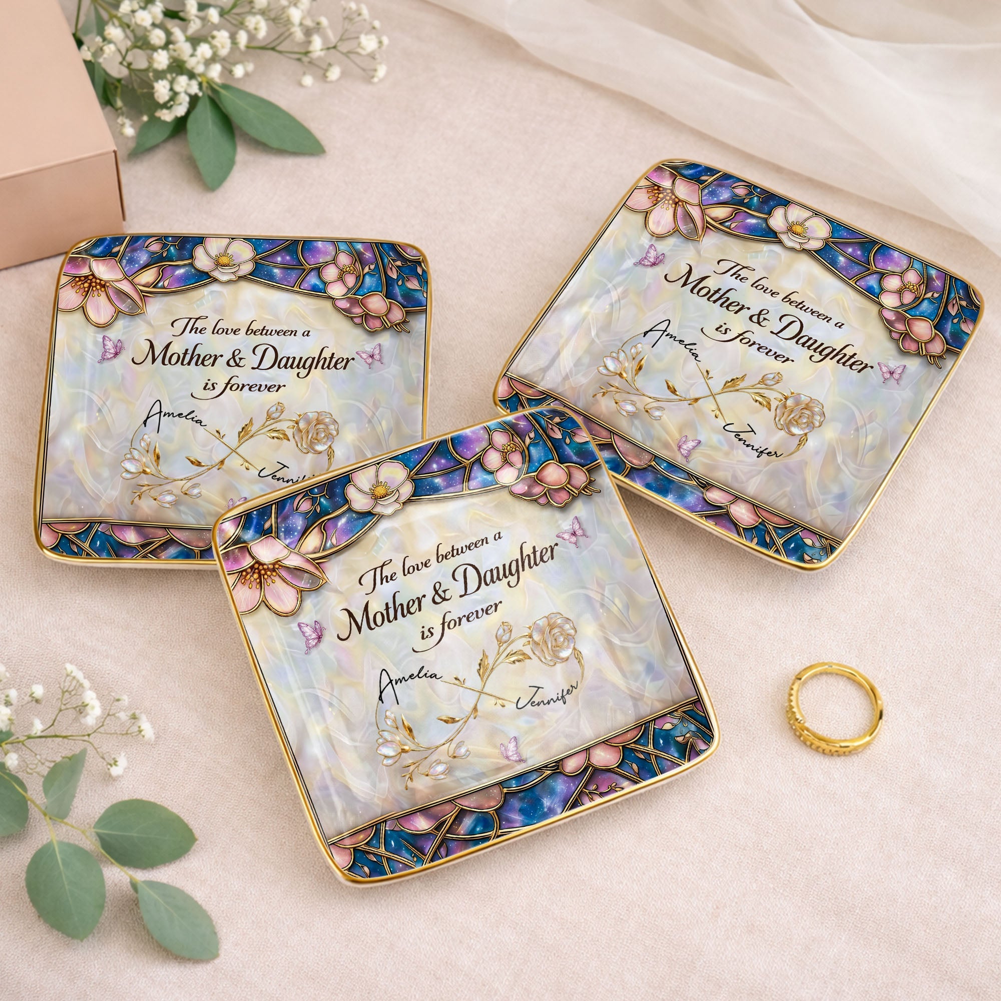 The Love Between A Mother And Daughter Is Forever Flower Butterfly Dish - Personalized Custom Jewelry Dish, Ceramic Dish, Square Shape - MOM196_SCRF