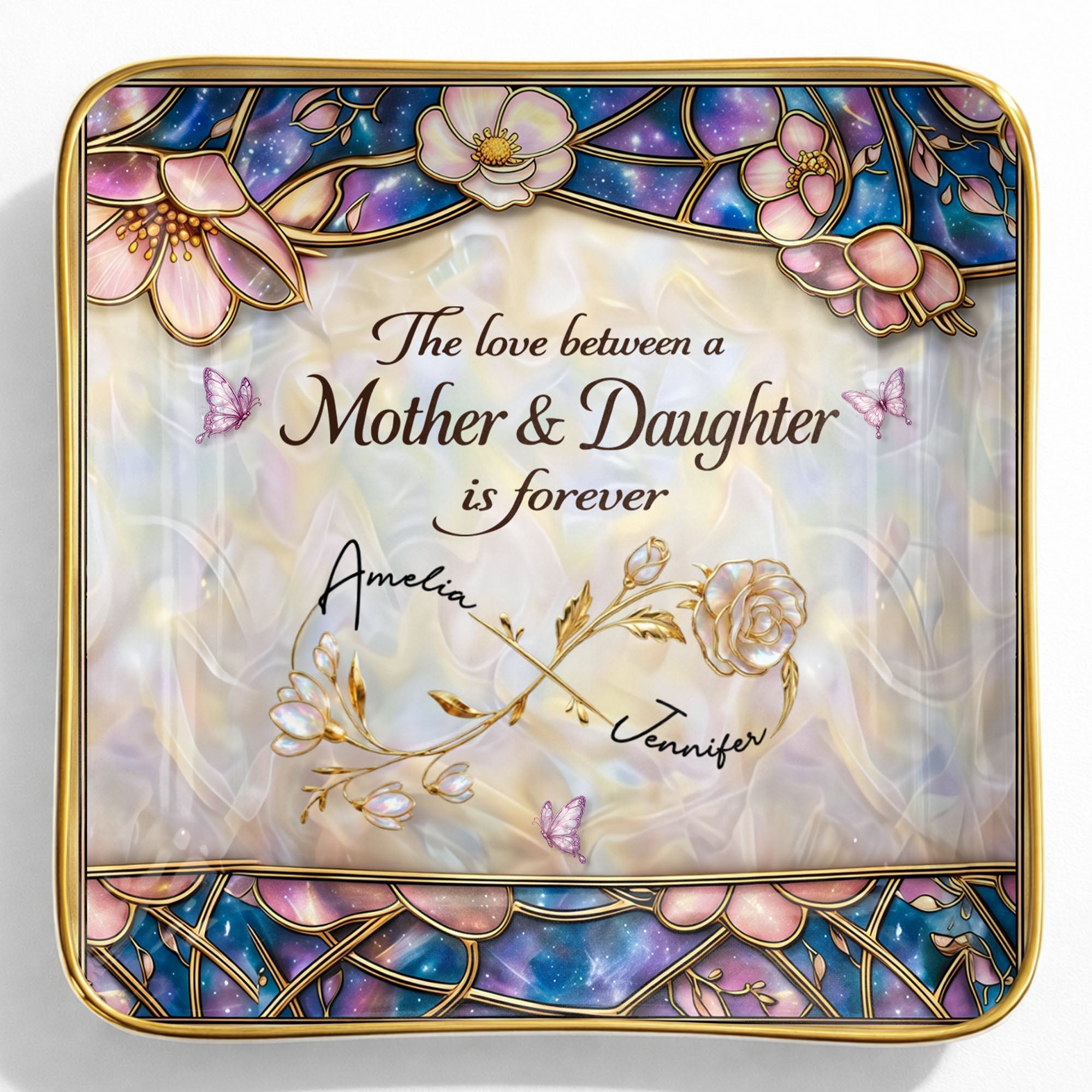 The Love Between A Mother And Daughter Is Forever Flower Butterfly Dish - Personalized Custom Jewelry Dish, Ceramic Dish, Square Shape - MOM196_SCRF