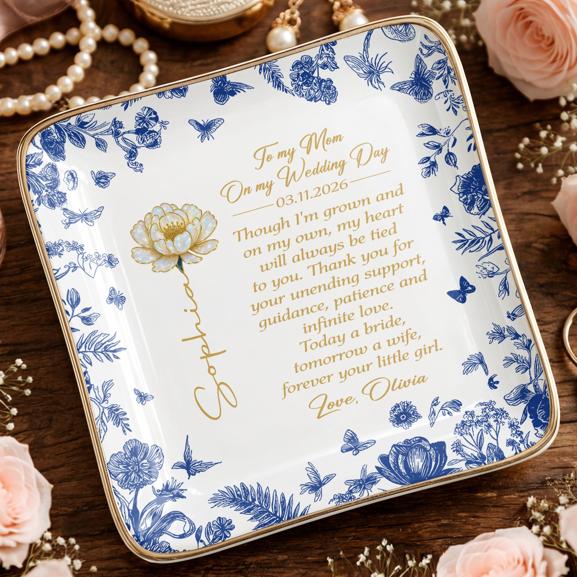 To My Mom On My Wedding Day Flower And Butterfly Ceramic Dish - Personalized Custom Jewelry Dish, Ceramic Dish, Square Shape - MOM197_SCRF