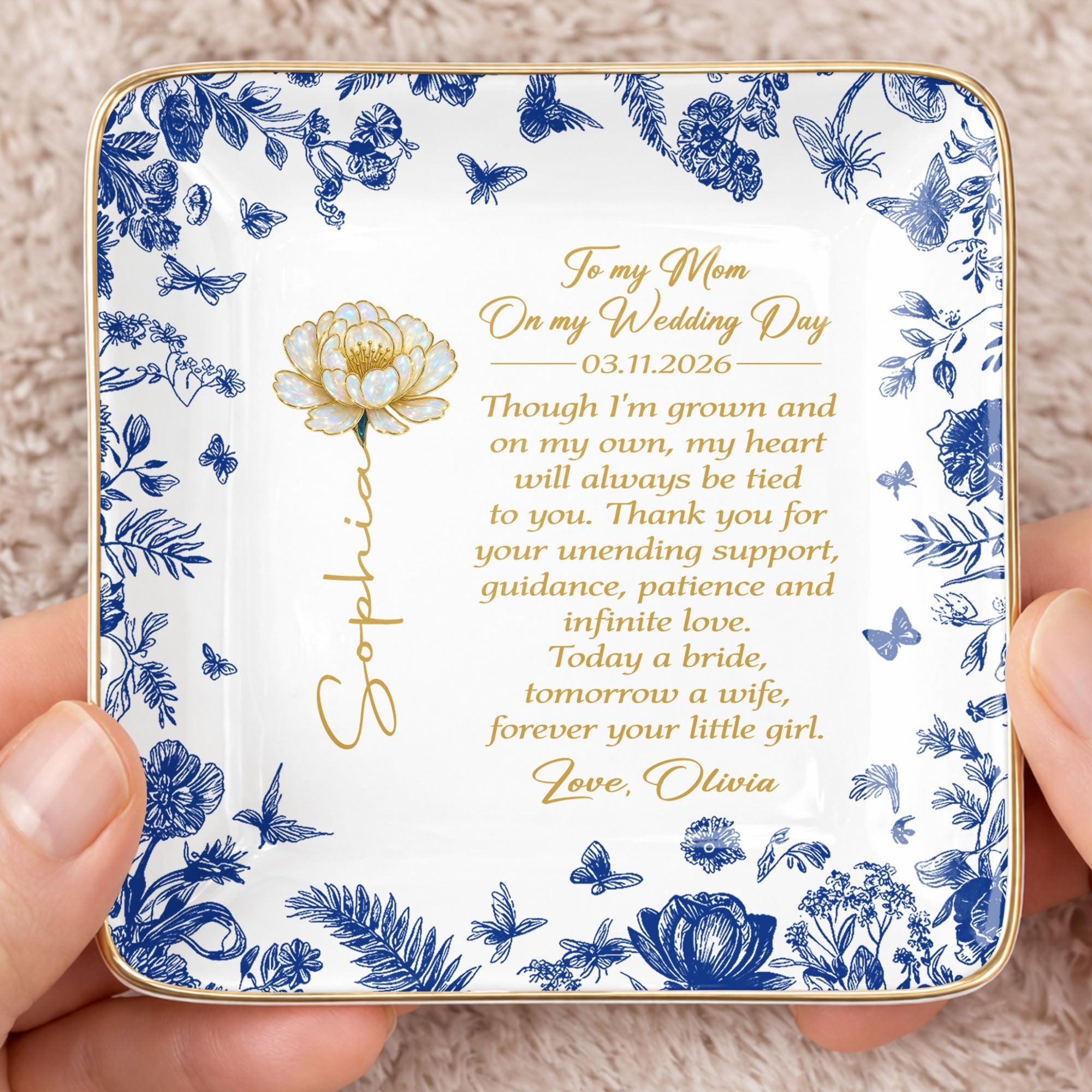To My Mom On My Wedding Day Flower And Butterfly Ceramic Dish - Personalized Custom Jewelry Dish, Ceramic Dish, Square Shape - MOM197_SCRF