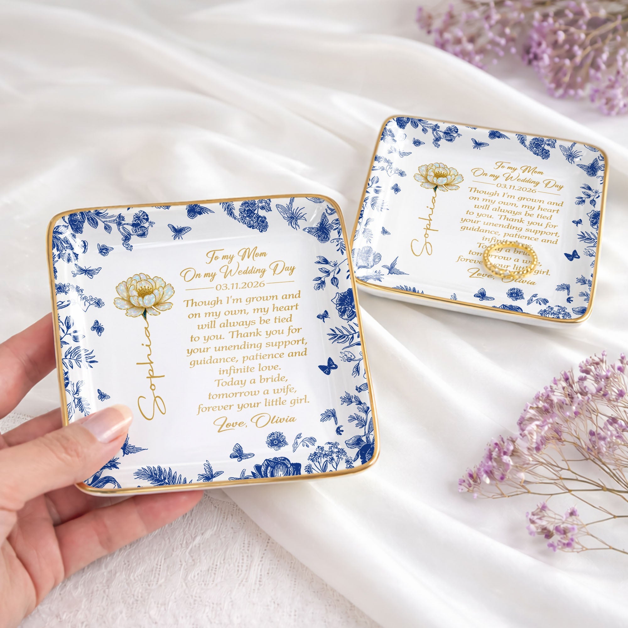 To My Mom On My Wedding Day Flower And Butterfly Ceramic Dish - Personalized Custom Jewelry Dish, Ceramic Dish, Square Shape - MOM197_SCRF