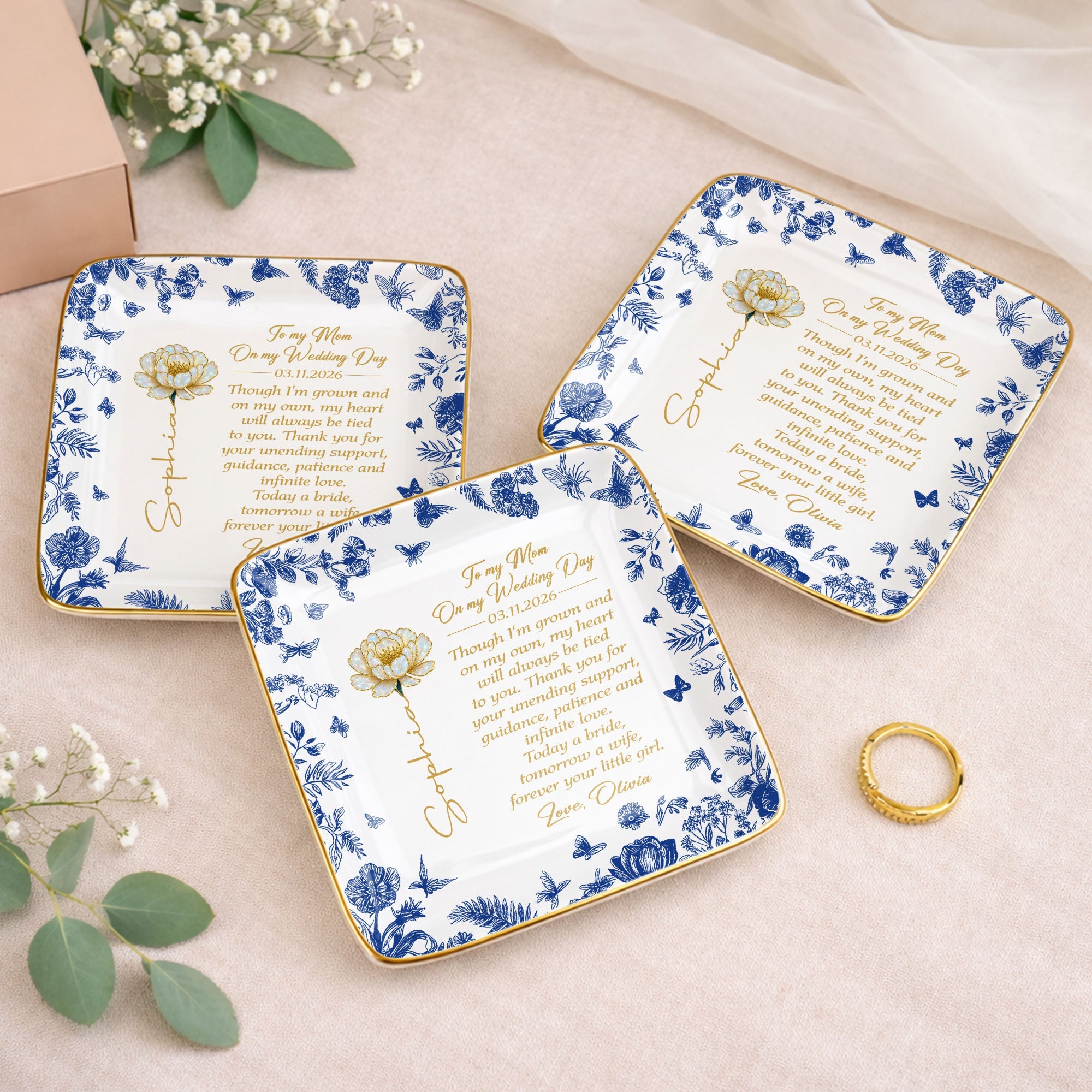To My Mom On My Wedding Day Flower And Butterfly Ceramic Dish - Personalized Custom Jewelry Dish, Ceramic Dish, Square Shape - MOM197_SCRF