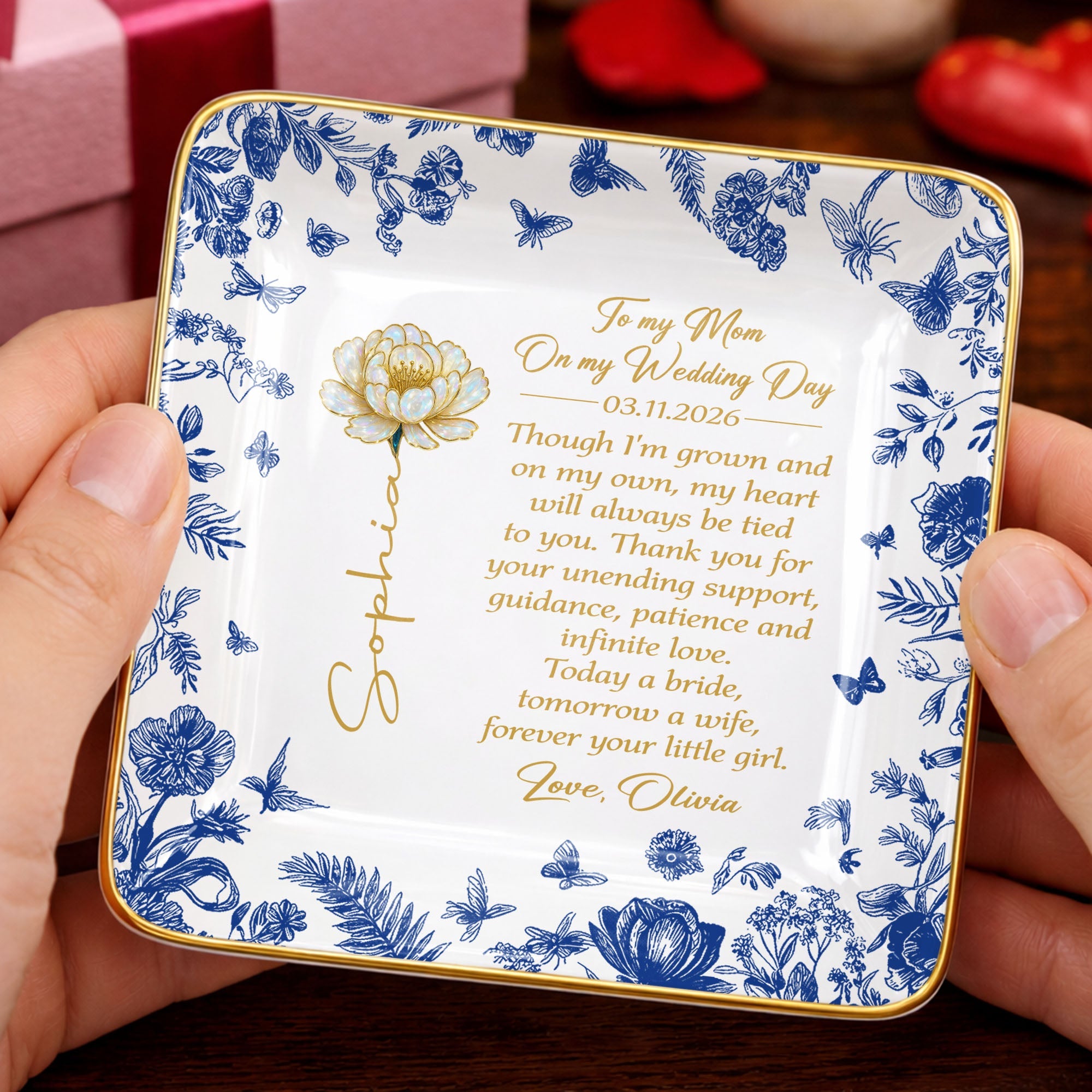 To My Mom On My Wedding Day Flower And Butterfly Ceramic Dish - Personalized Custom Jewelry Dish, Ceramic Dish, Square Shape - MOM197_SCRF