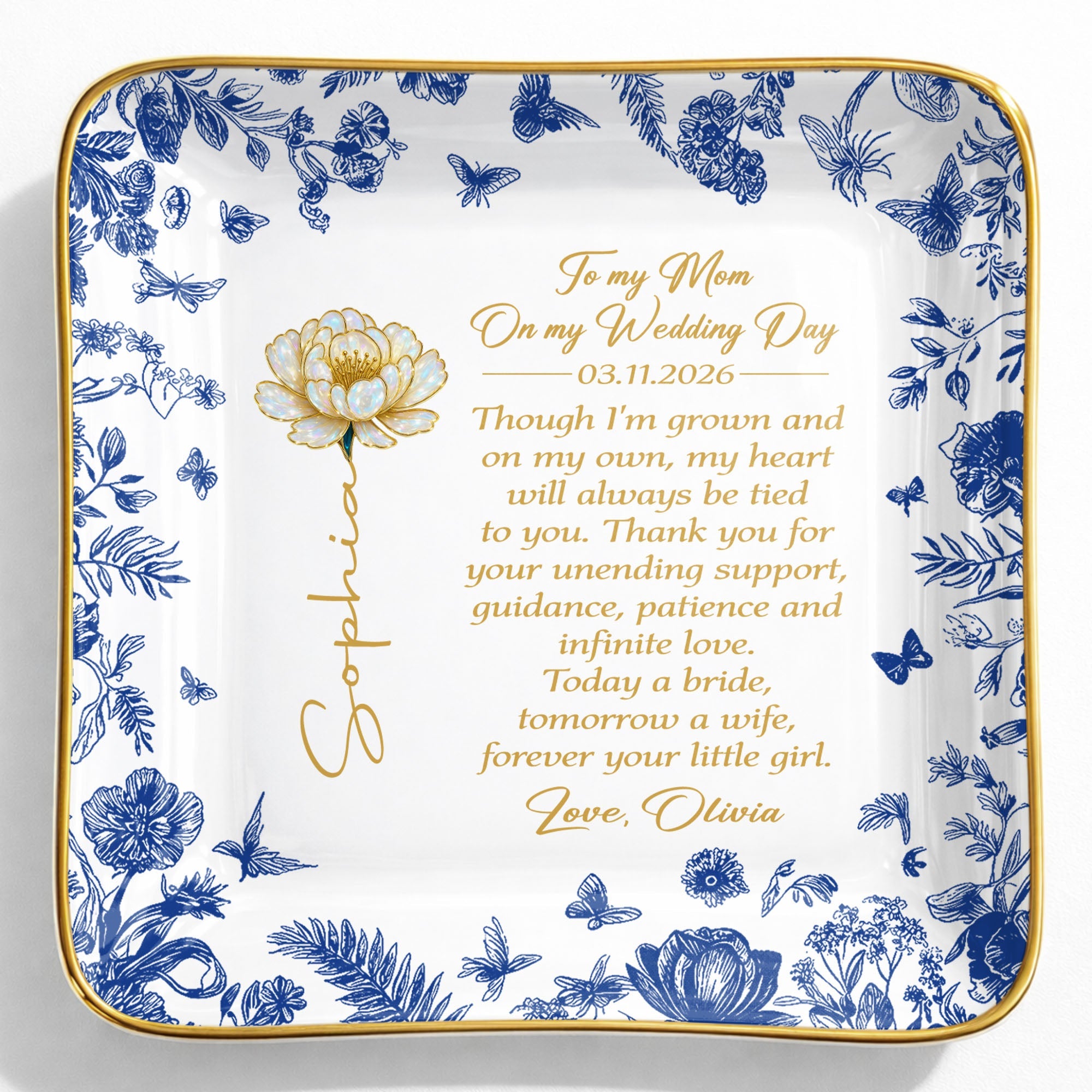 To My Mom On My Wedding Day Flower And Butterfly Ceramic Dish - Personalized Custom Jewelry Dish, Ceramic Dish, Square Shape - MOM197_SCRF