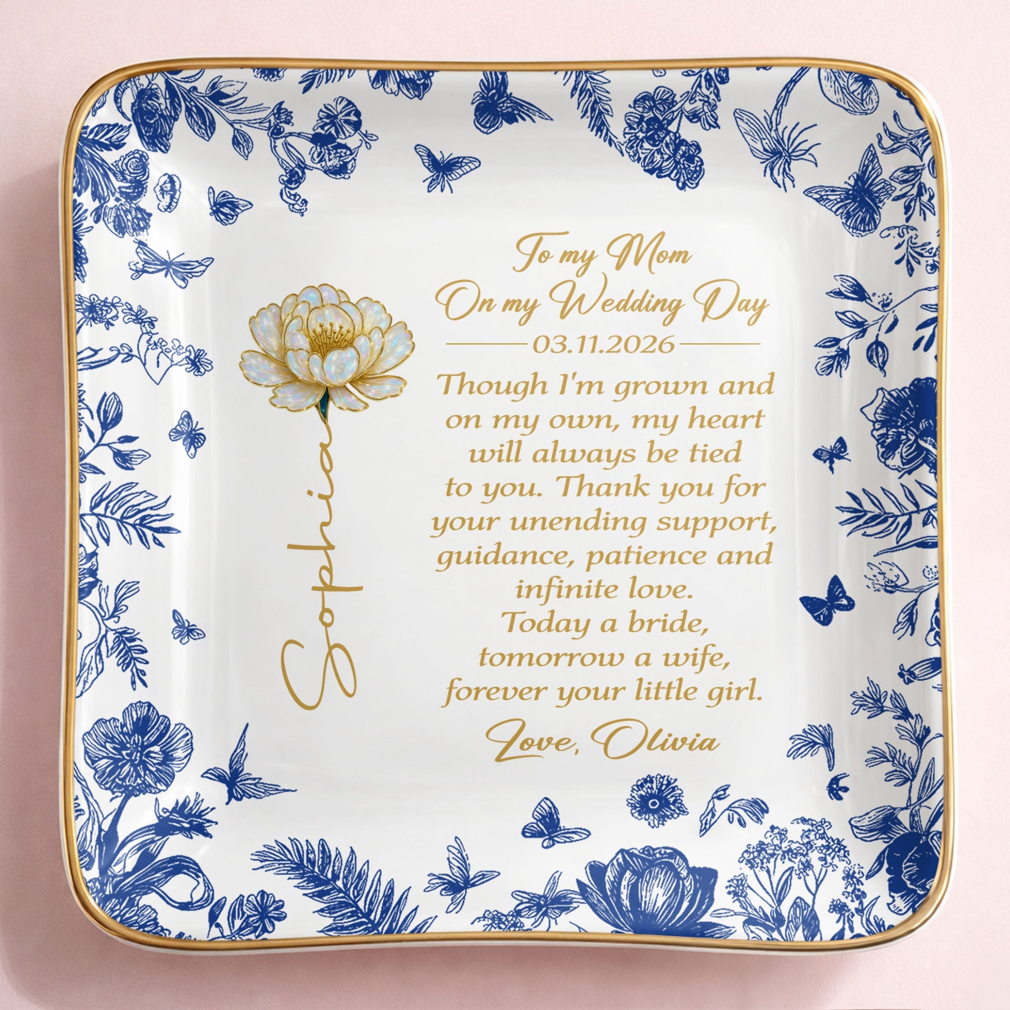 To My Mom On My Wedding Day Flower And Butterfly Ceramic Dish - Personalized Custom Jewelry Dish, Ceramic Dish, Square Shape - MOM197_SCRF
