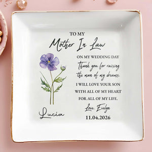 To My Mother In Law On My Wedding Day Birth Month Flower - Personalized Custom Jewelry Dish, Square Ceramic Dish - MOM200_SCRD