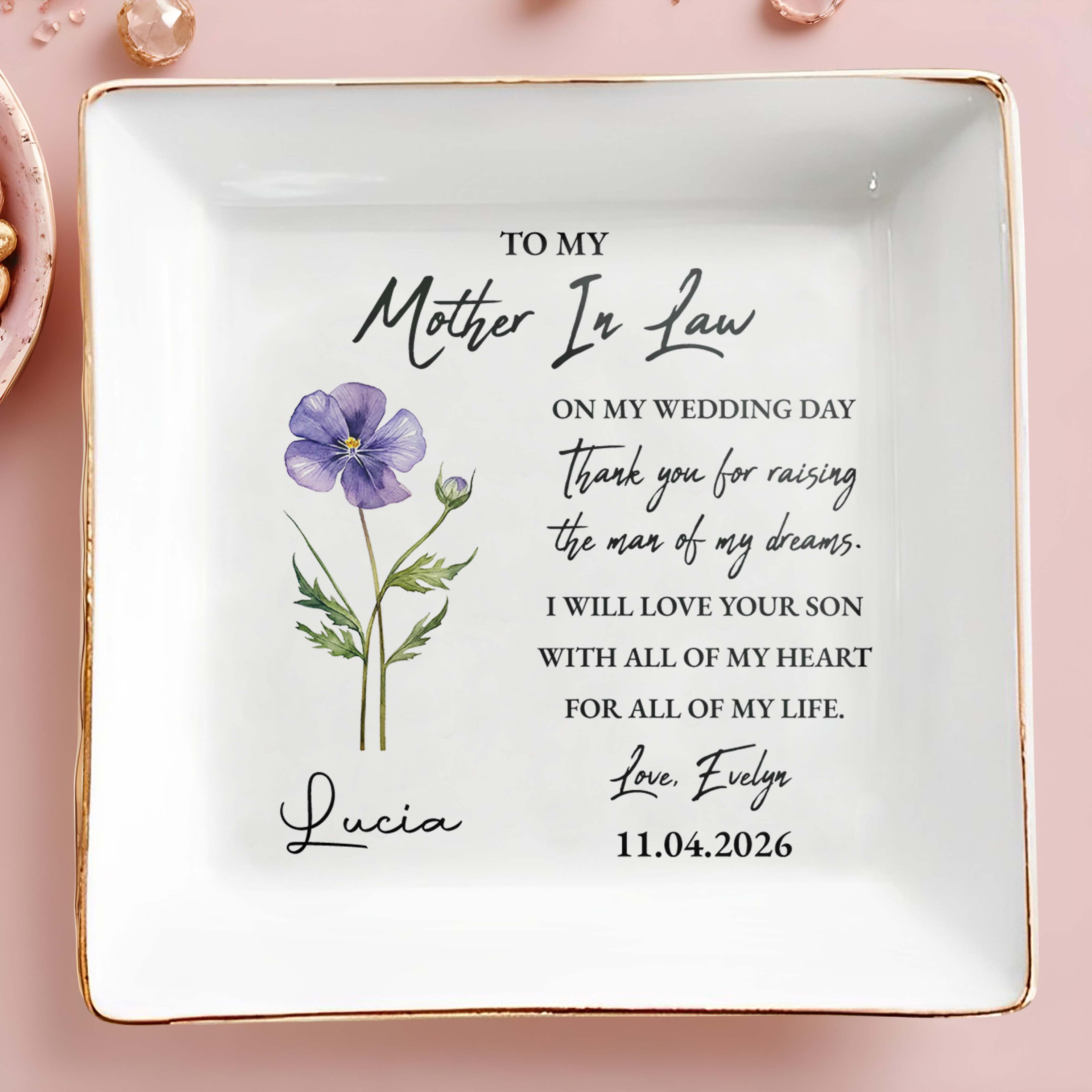 To My Mother In Law On My Wedding Day Birth Month Flower - Personalized Custom Jewelry Dish, Square Ceramic Dish - MOM200_SCRD
