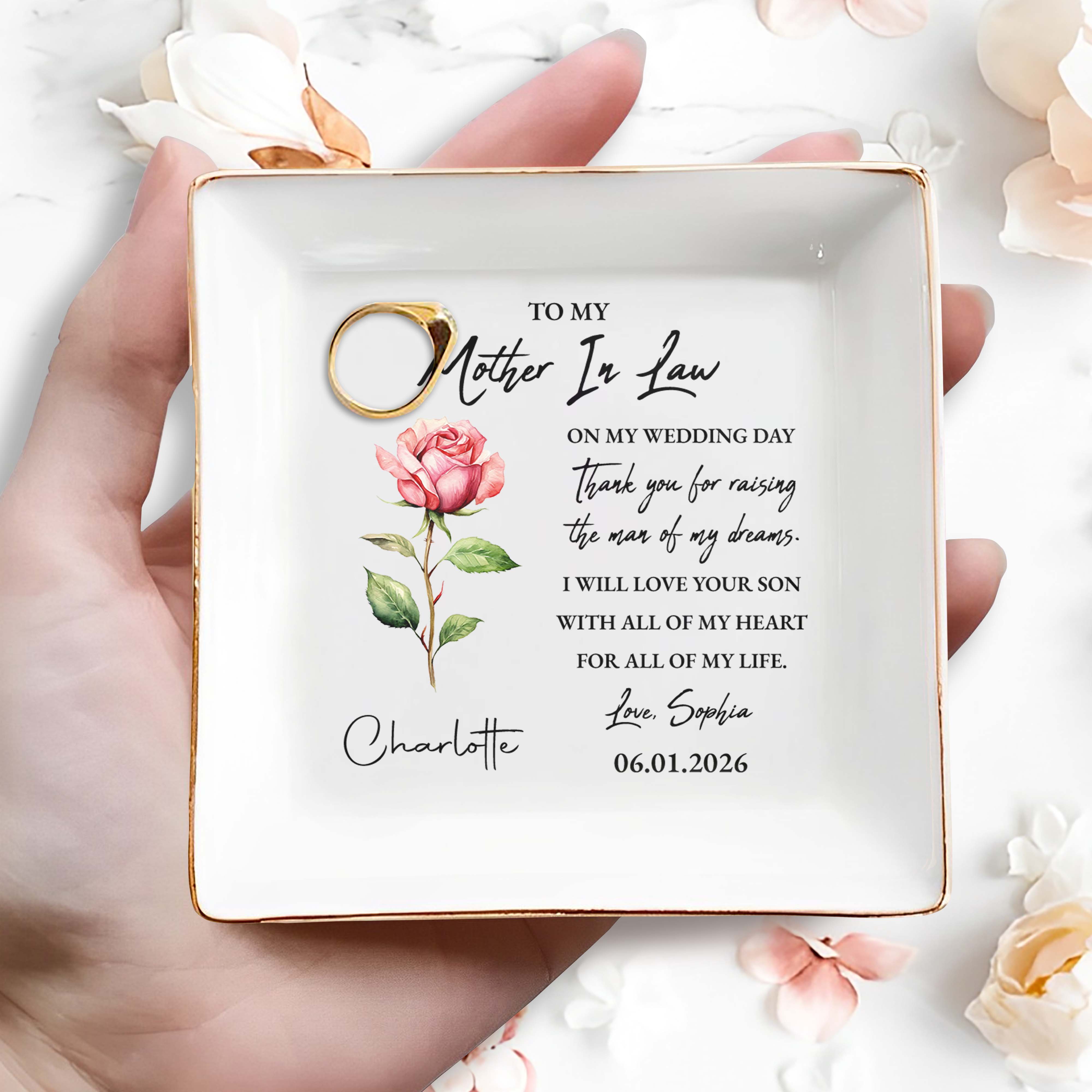 To My Mother In Law On My Wedding Day Birth Month Flower - Personalized Custom Jewelry Dish, Square Ceramic Dish - MOM200_SCRD