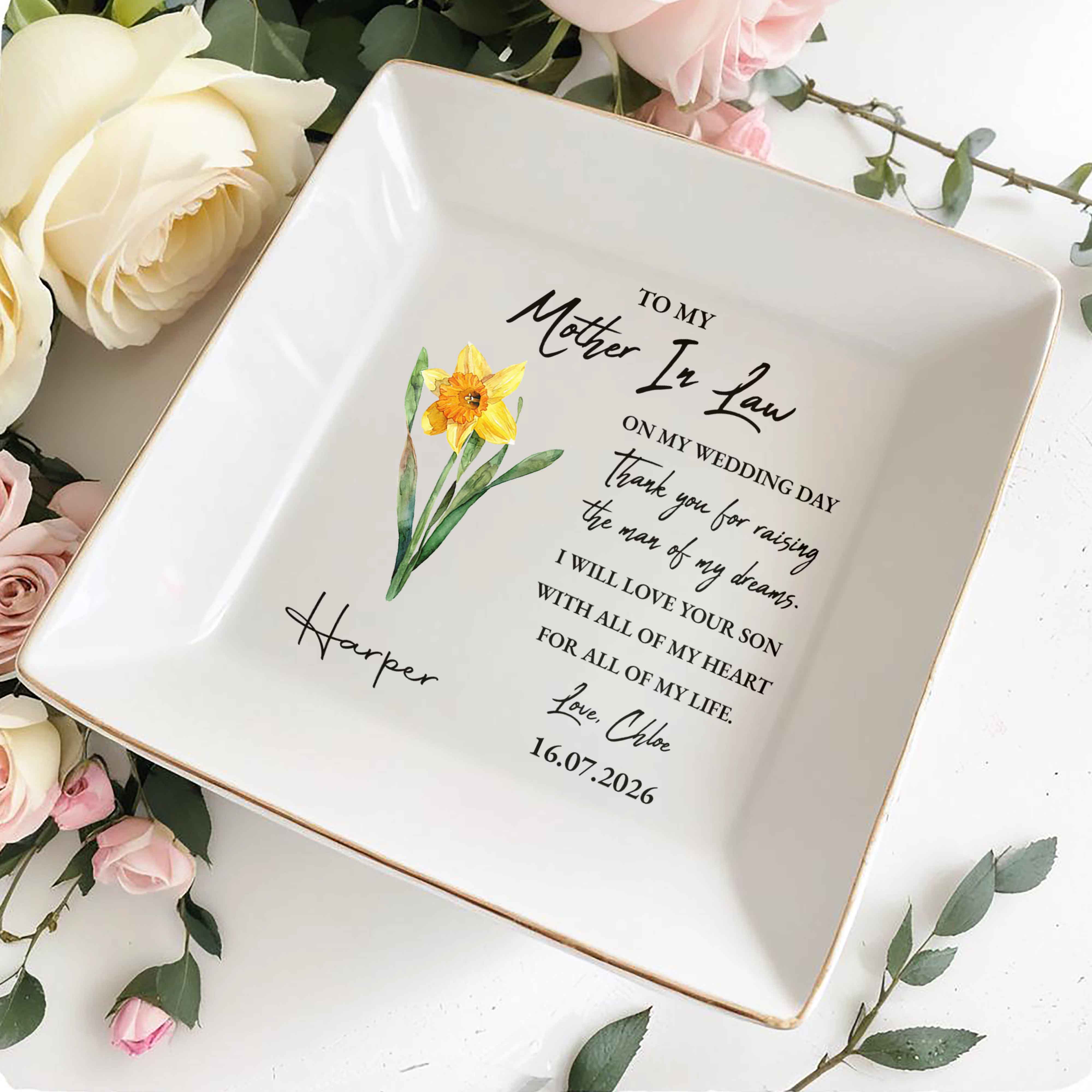 To My Mother In Law On My Wedding Day Birth Month Flower - Personalized Custom Jewelry Dish, Square Ceramic Dish - MOM200_SCRD