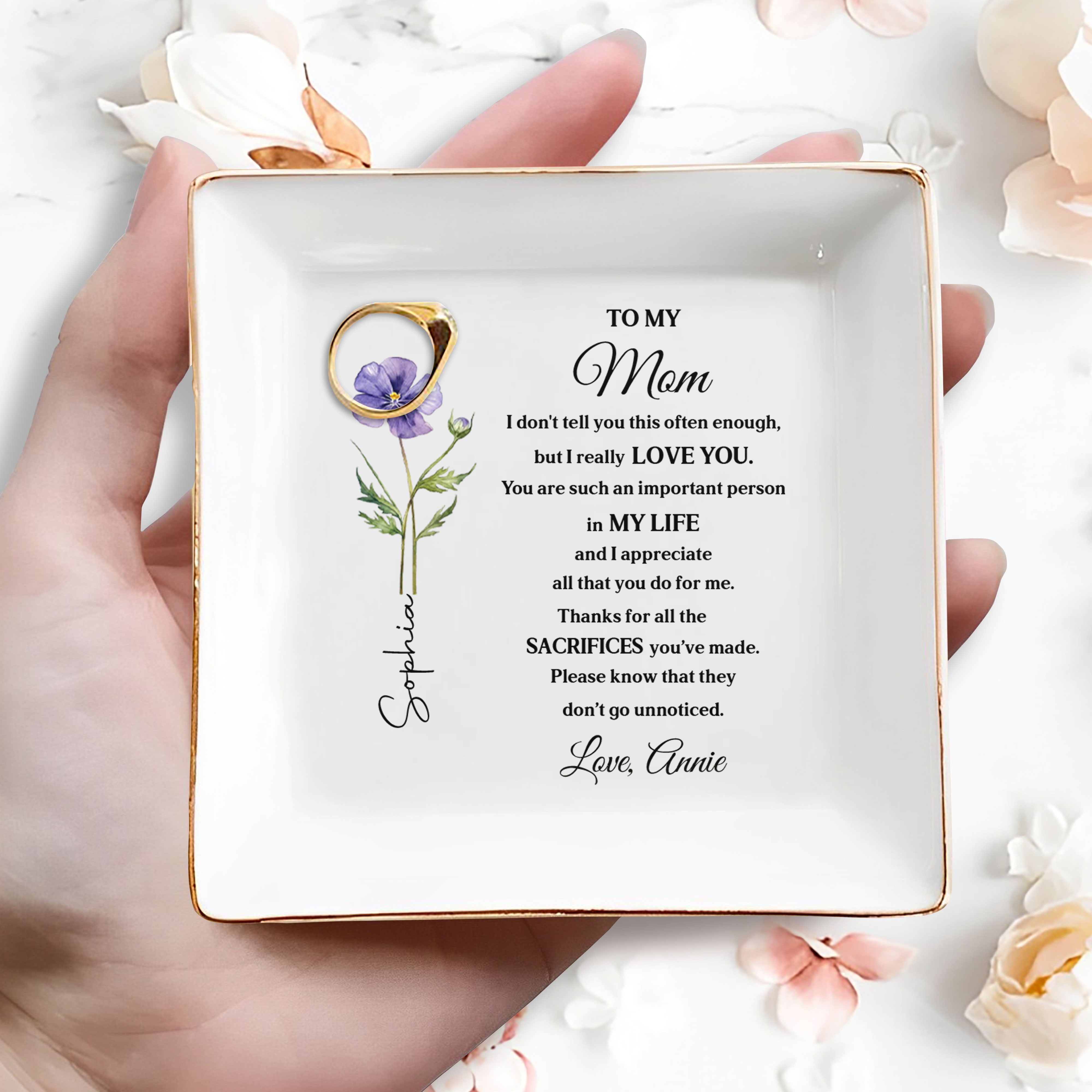 To My Mom I Really Love You Birth Month Flower - Personalized Custom Jewelry Dish, Square Ceramic Dish - MOM202_SCRD