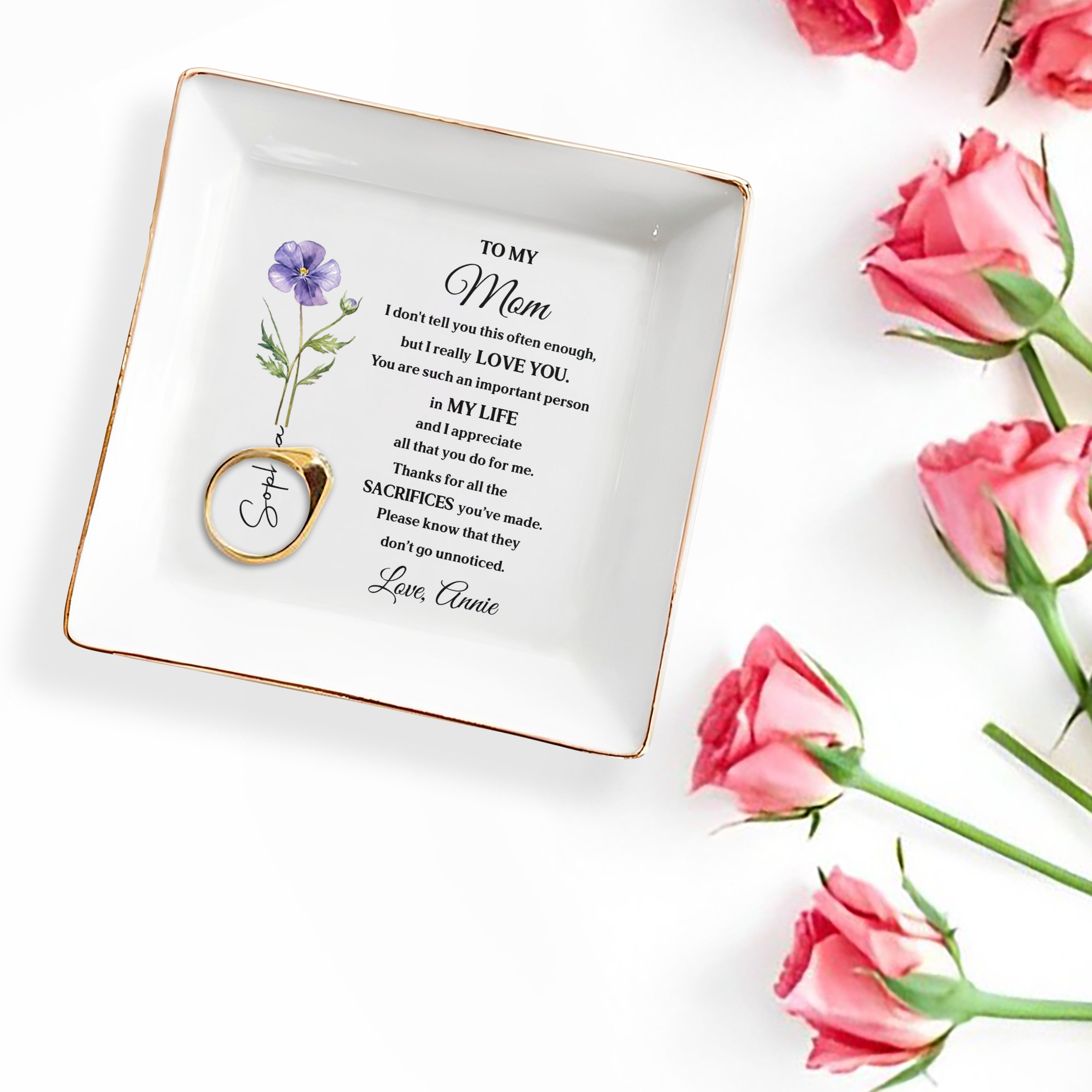 To My Mom I Really Love You Birth Month Flower - Personalized Custom Jewelry Dish, Square Ceramic Dish - MOM202_SCRD