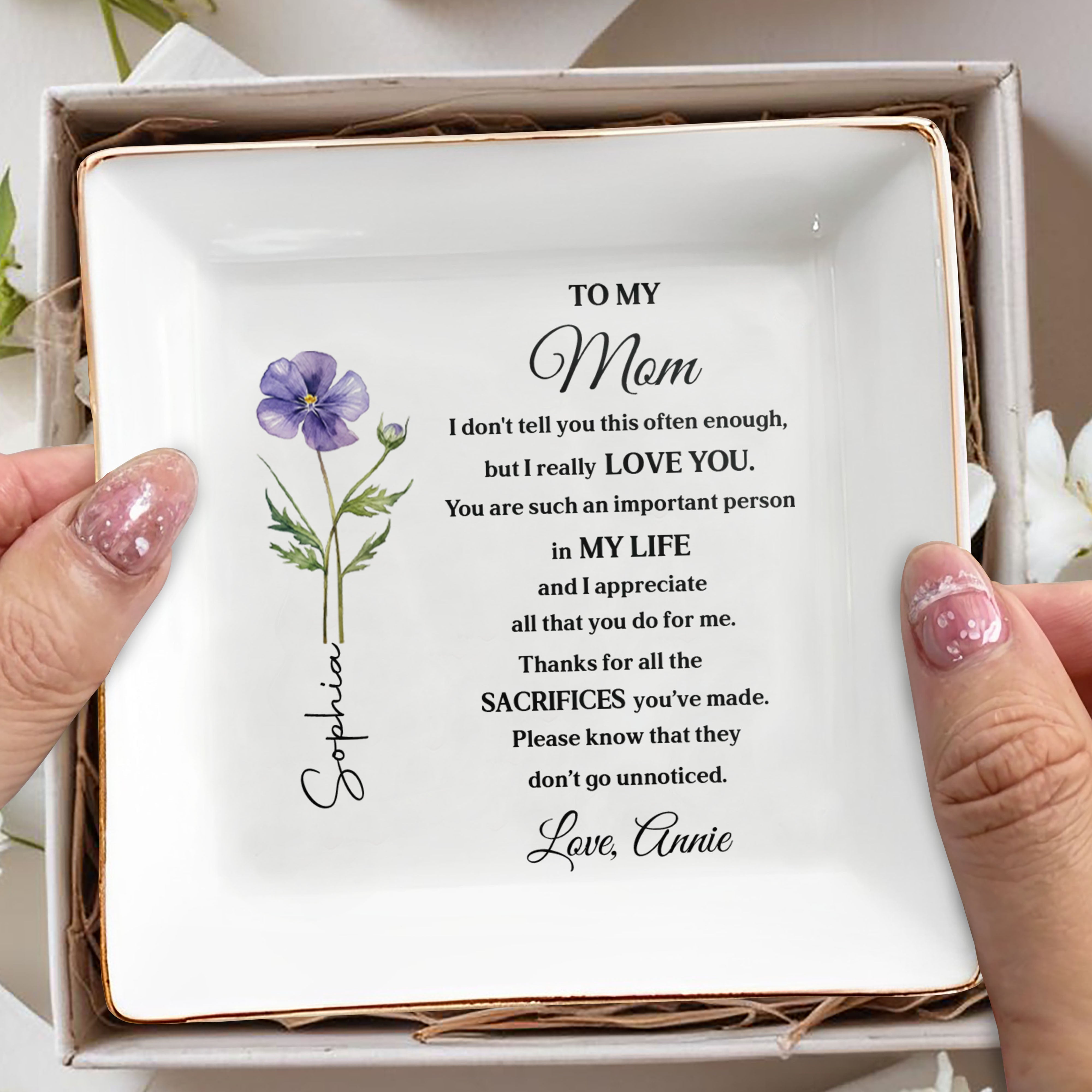 To My Mom I Really Love You Birth Month Flower - Personalized Custom Jewelry Dish, Square Ceramic Dish - MOM202_SCRD