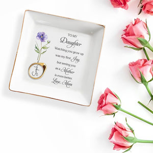 To My Daughter Watching You Grow Up Birth Month Flower - Personalized Custom Jewelry Dish, Square Ceramic Dish - MOM204_SCRD