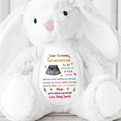 Dear Mommy Snuggled In Your Tummy Ultrasound Photo Flower - Personalized Stuffed Bunny - MOM209_BUN