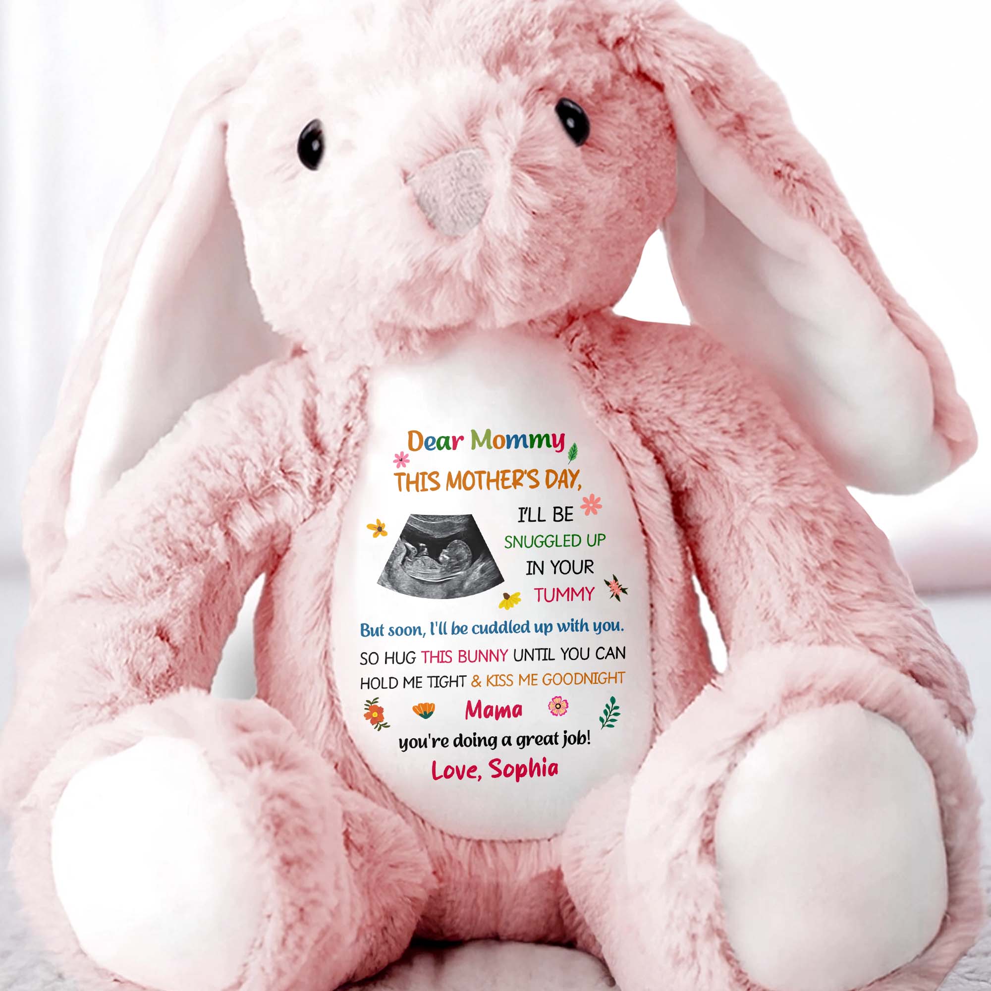 Dear Mommy Snuggled In Your Tummy Ultrasound Photo Flower - Personalized Stuffed Bunny - MOM209_BUN