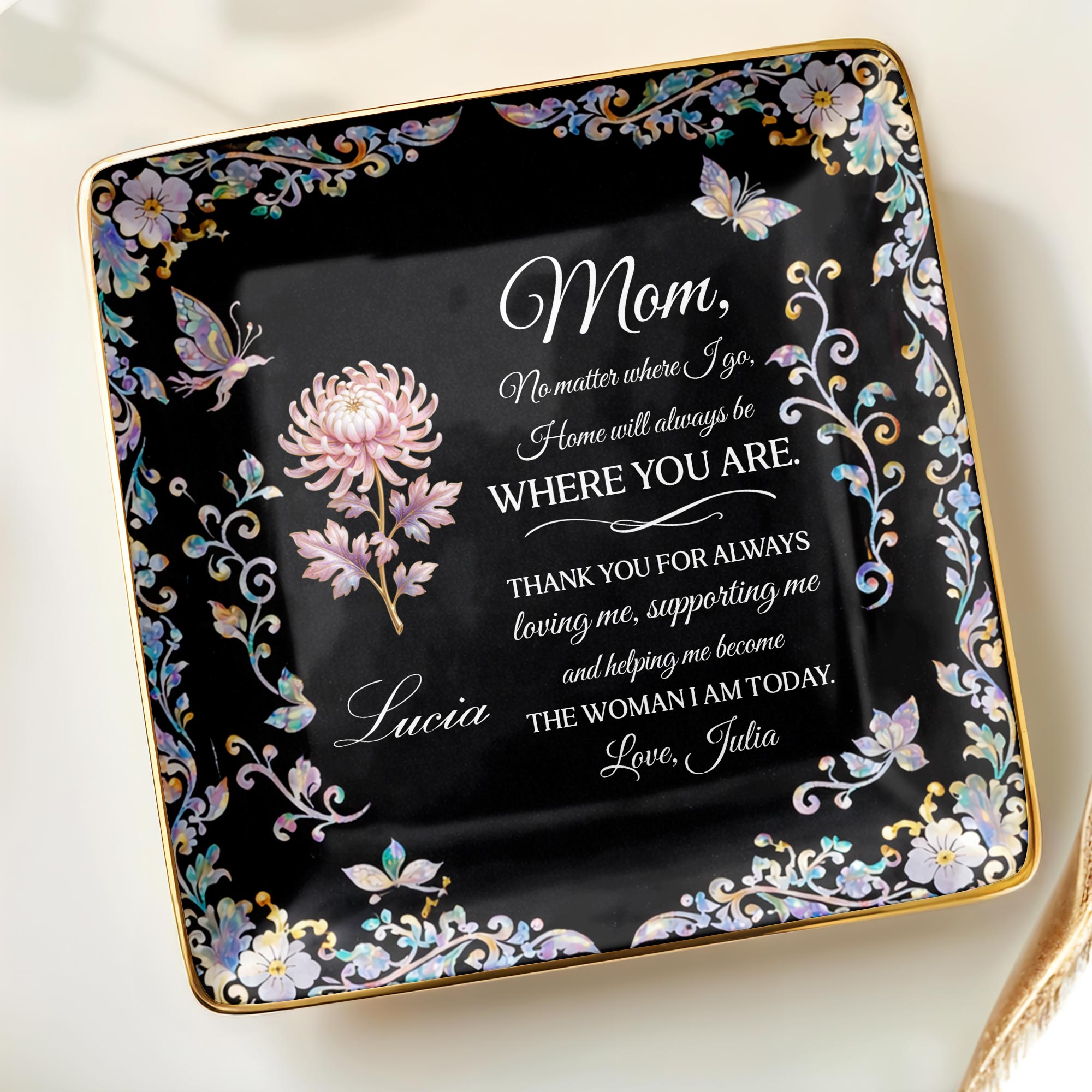 Mom No Matter Where I Go Home Will Always Be With Flowers - Personalized Custom Jewelry Dish, Ceramic Dish, Square Shape - MOM210_SCRF