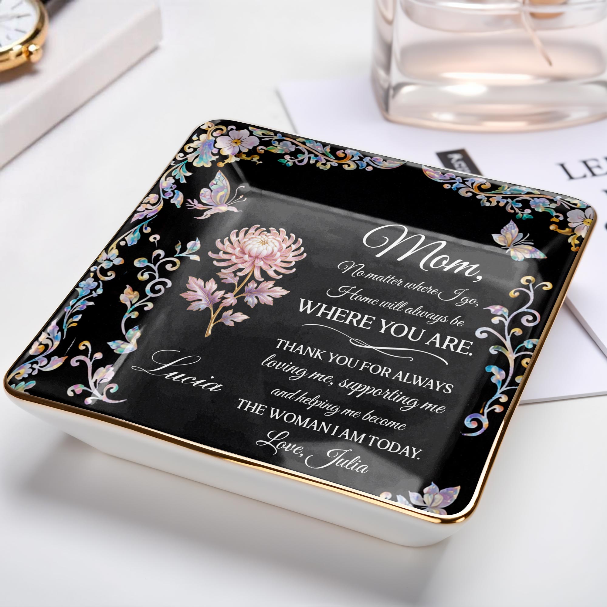Mom No Matter Where I Go Home Will Always Be With Flowers - Personalized Custom Jewelry Dish, Ceramic Dish, Square Shape - MOM210_SCRF