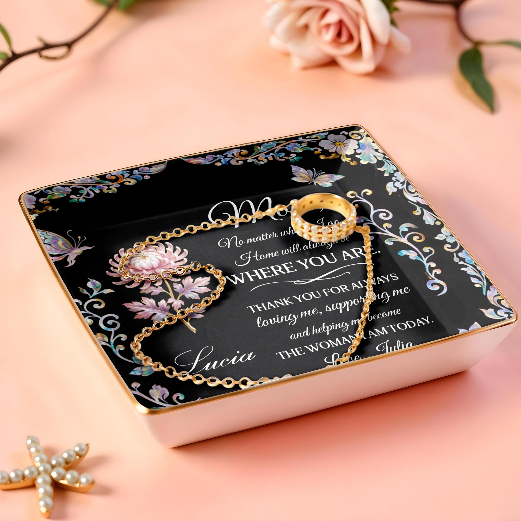 Mom No Matter Where I Go Home Will Always Be With Flowers - Personalized Custom Jewelry Dish, Ceramic Dish, Square Shape - MOM210_SCRF