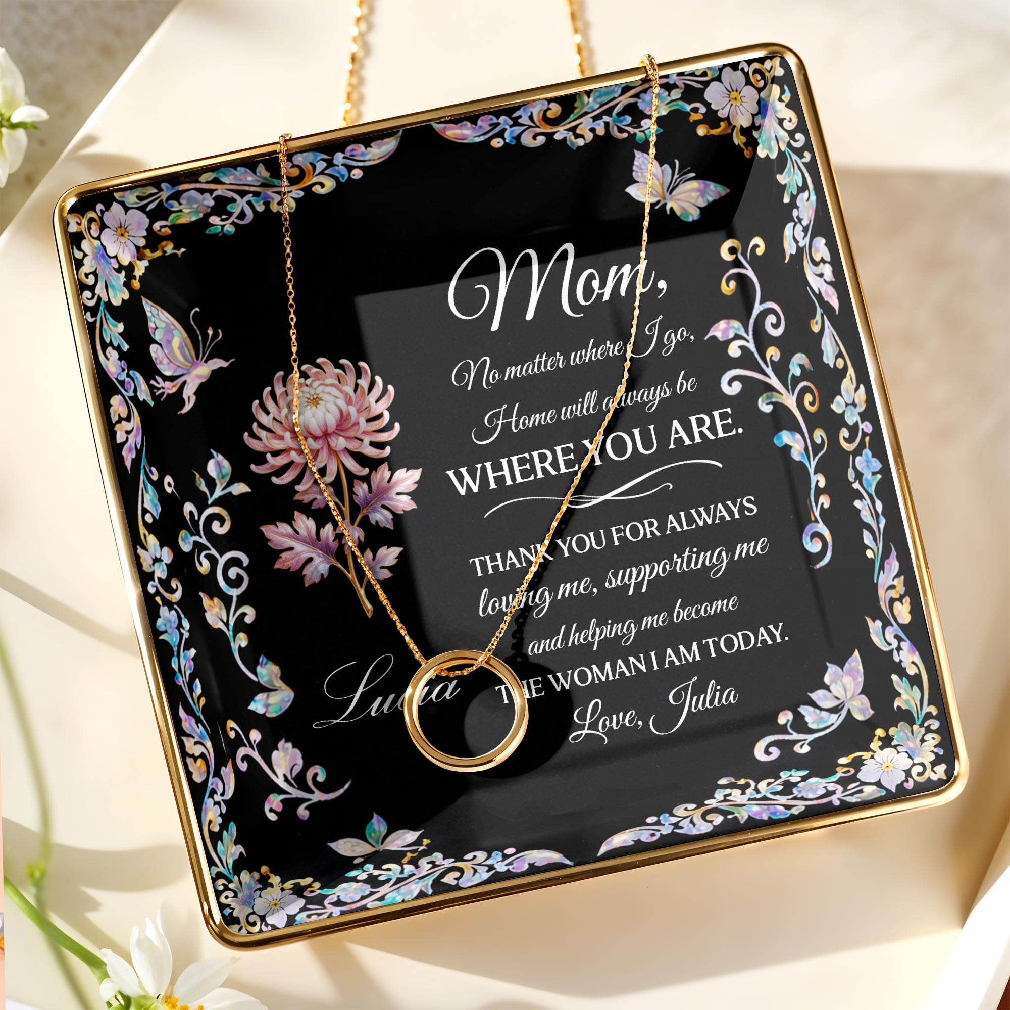 Mom No Matter Where I Go Home Will Always Be With Flowers - Personalized Custom Jewelry Dish, Ceramic Dish, Square Shape - MOM210_SCRF
