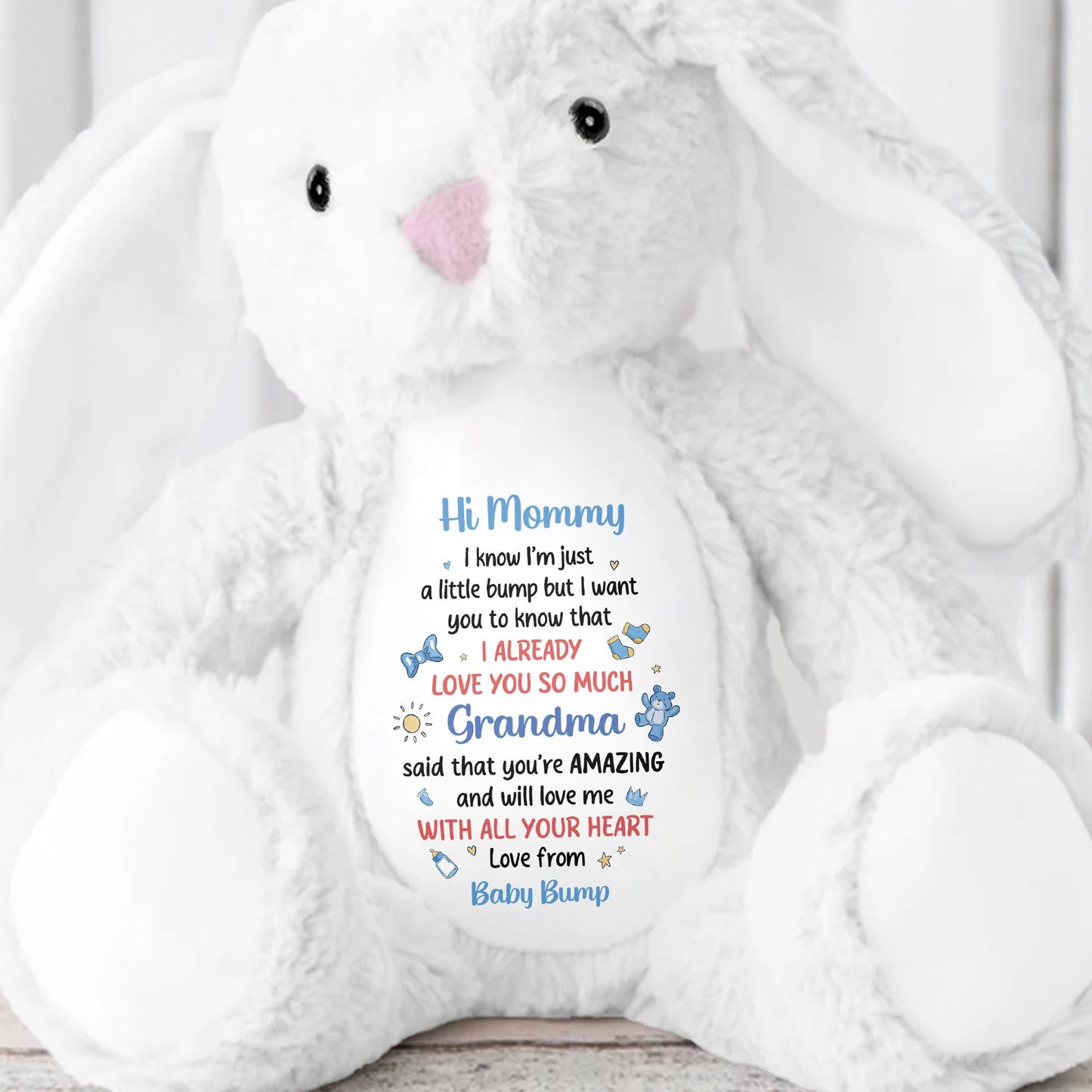 Hi Mommy I Know I'm Just A Little Bump With Hearts And Stars - Personalized Stuffed Bunny - MOM213_BUN
