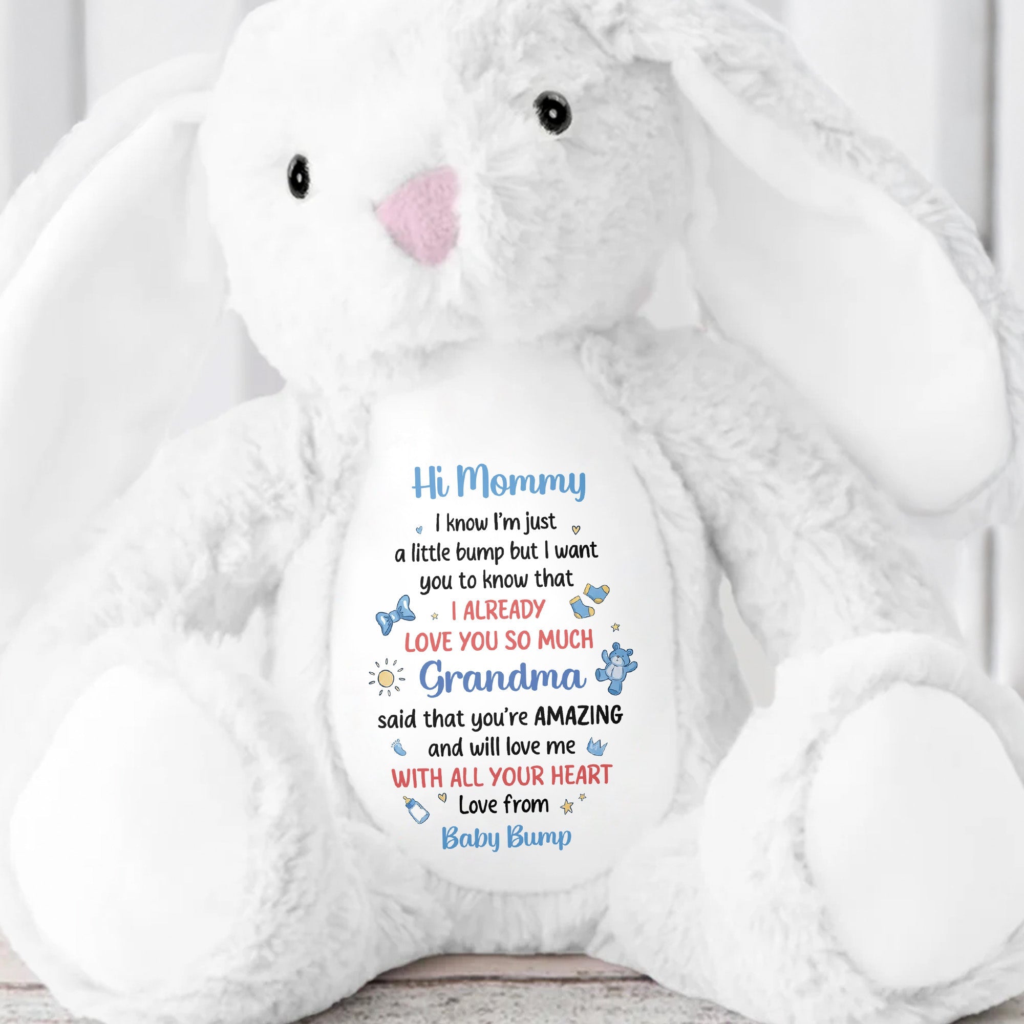 Hi Mommy I Know I'm Just A Little Bump With Hearts And Stars - Personalized Stuffed Bunny - MOM213_BUN
