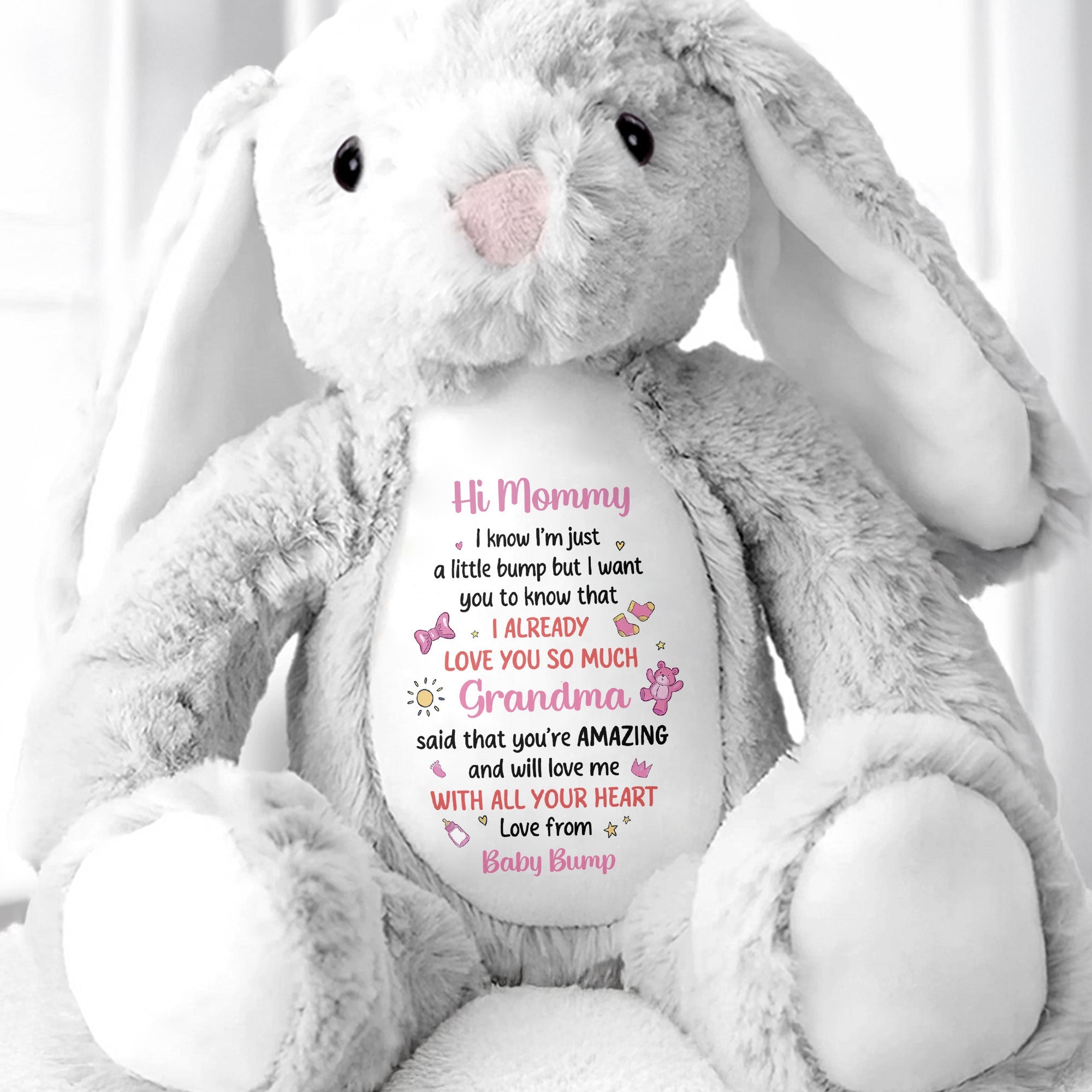 Hi Mommy I Know I'm Just A Little Bump With Hearts And Stars - Personalized Stuffed Bunny - MOM213_BUN