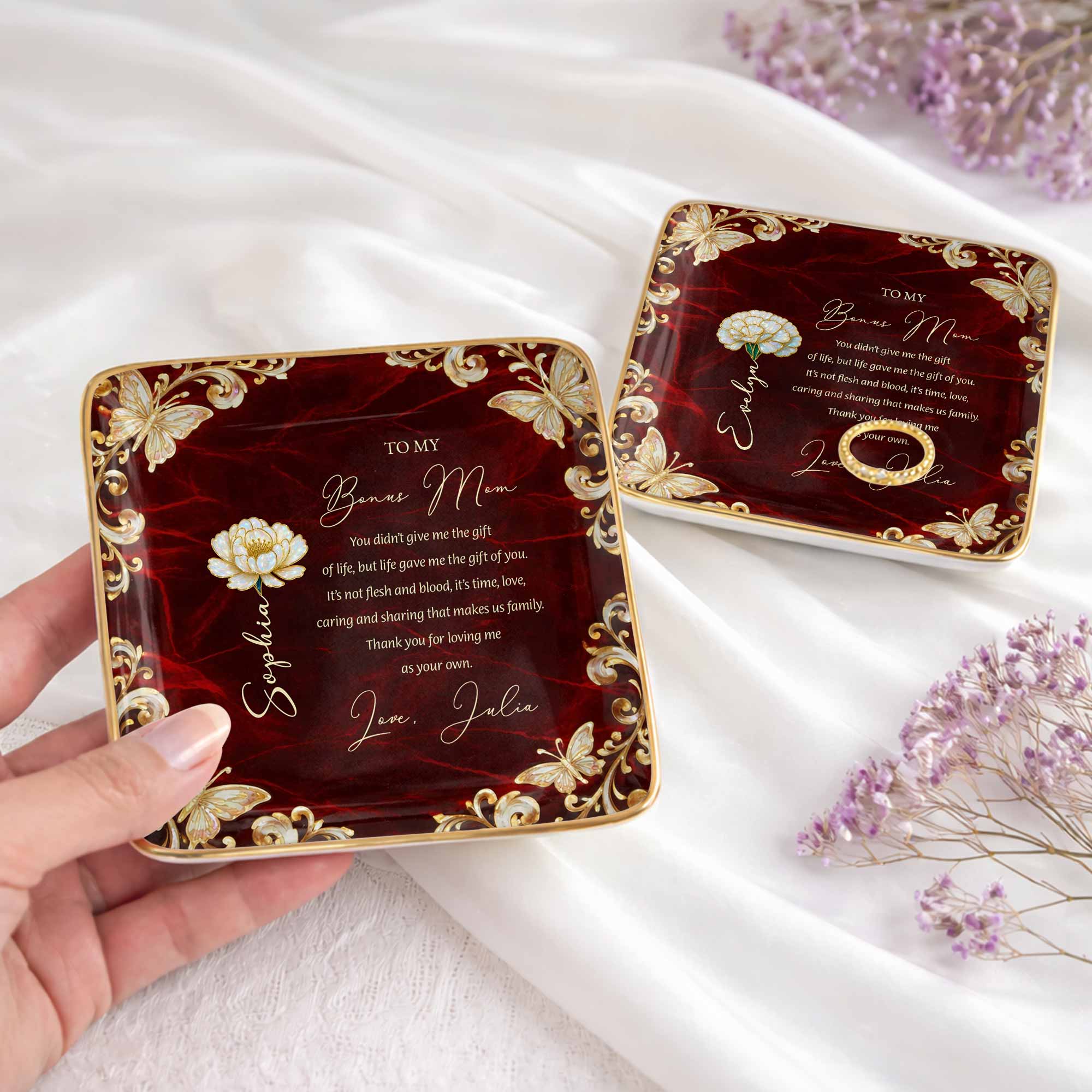 To My Bonus Mom You Didn't Give Me Life Flower Butterfly - Personalized Custom Jewelry Dish, Ceramic Dish, Square Shape - MOM228_SCRF