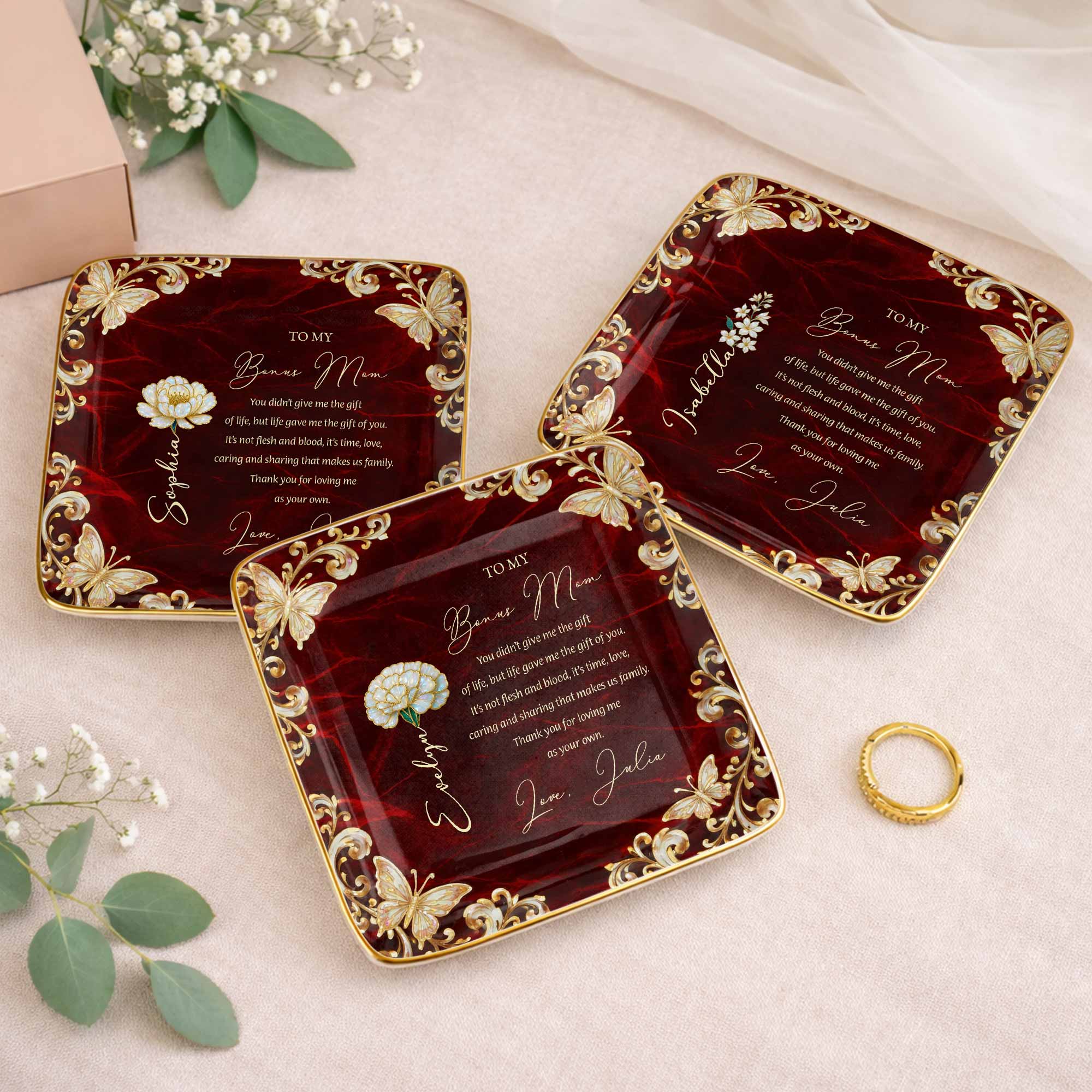 To My Bonus Mom You Didn't Give Me Life Flower Butterfly - Personalized Custom Jewelry Dish, Ceramic Dish, Square Shape - MOM228_SCRF