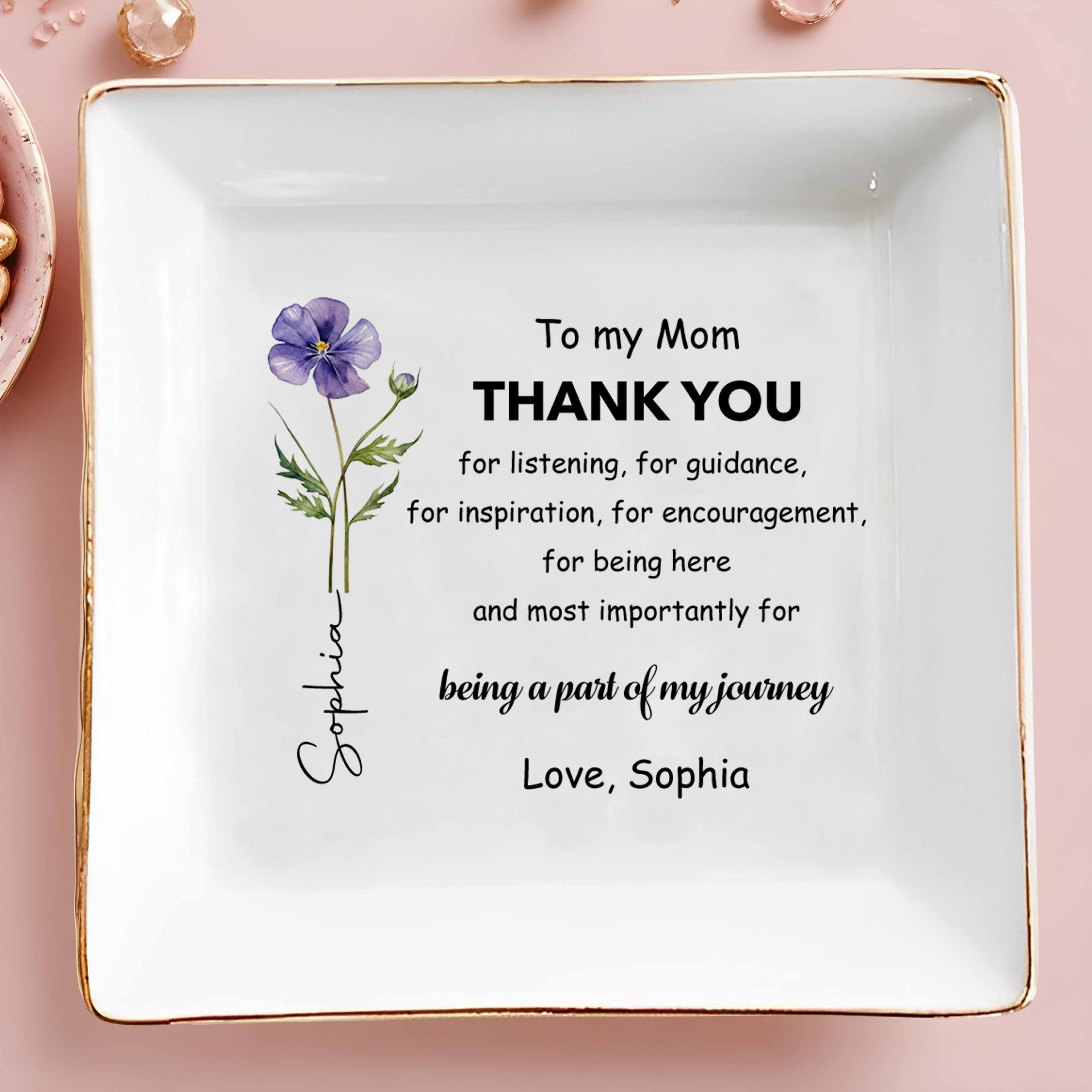 To My Mom Thank You Purple Birth Month Flower - Personalized Custom Jewelry Dish, Square Ceramic Dish - MOM245_SCRD