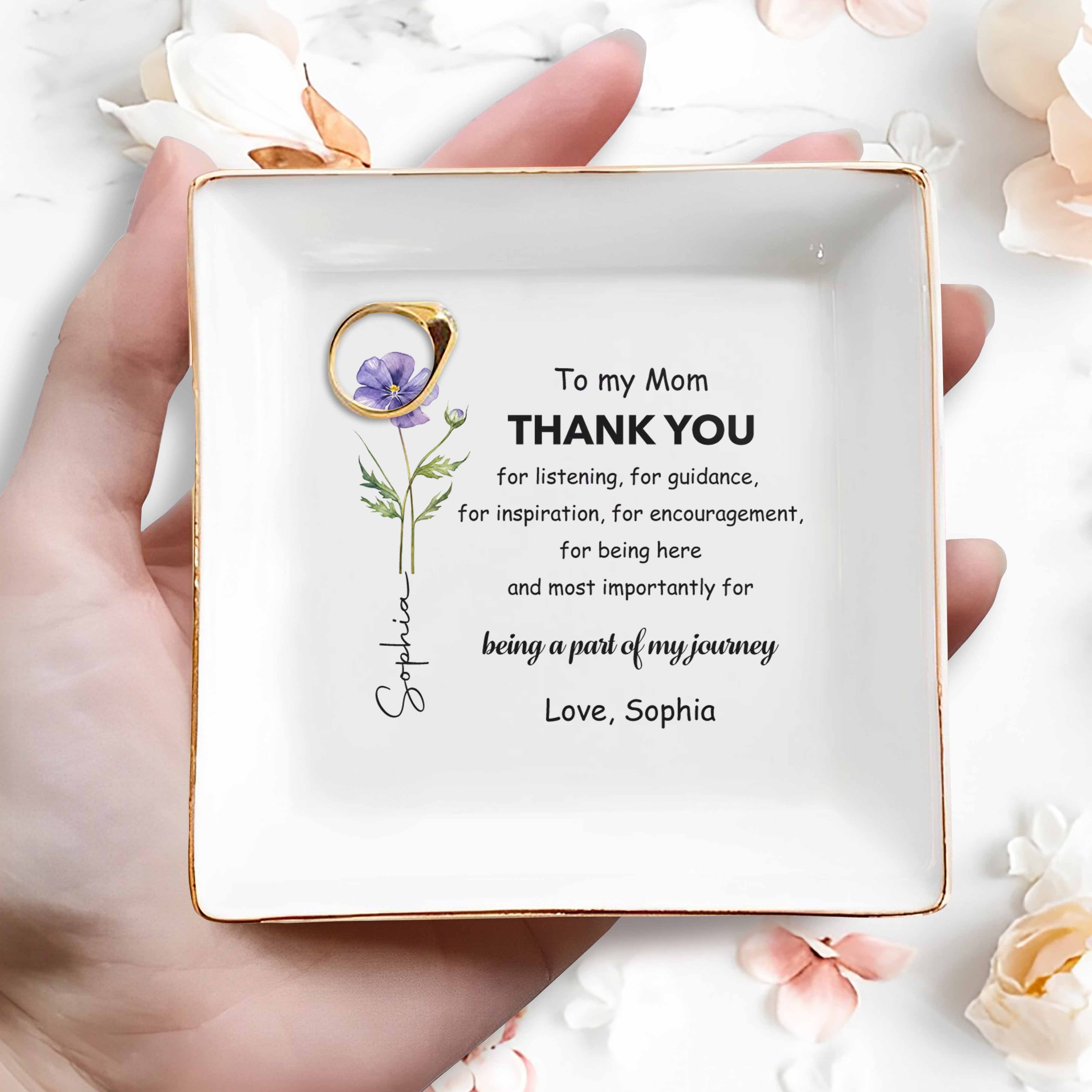 To My Mom Thank You Purple Birth Month Flower - Personalized Custom Jewelry Dish, Square Ceramic Dish - MOM245_SCRD