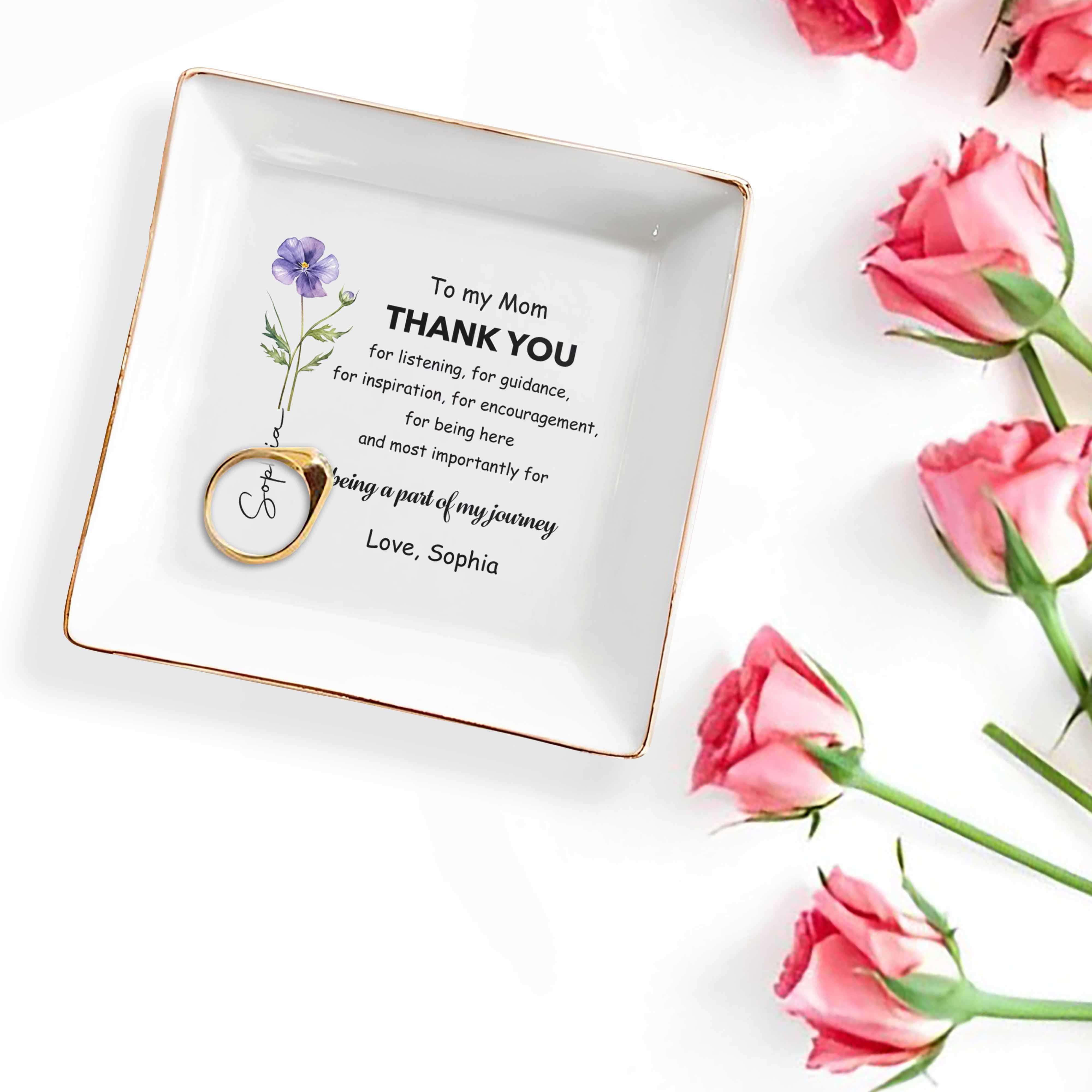 To My Mom Thank You Purple Birth Month Flower - Personalized Custom Jewelry Dish, Square Ceramic Dish - MOM245_SCRD