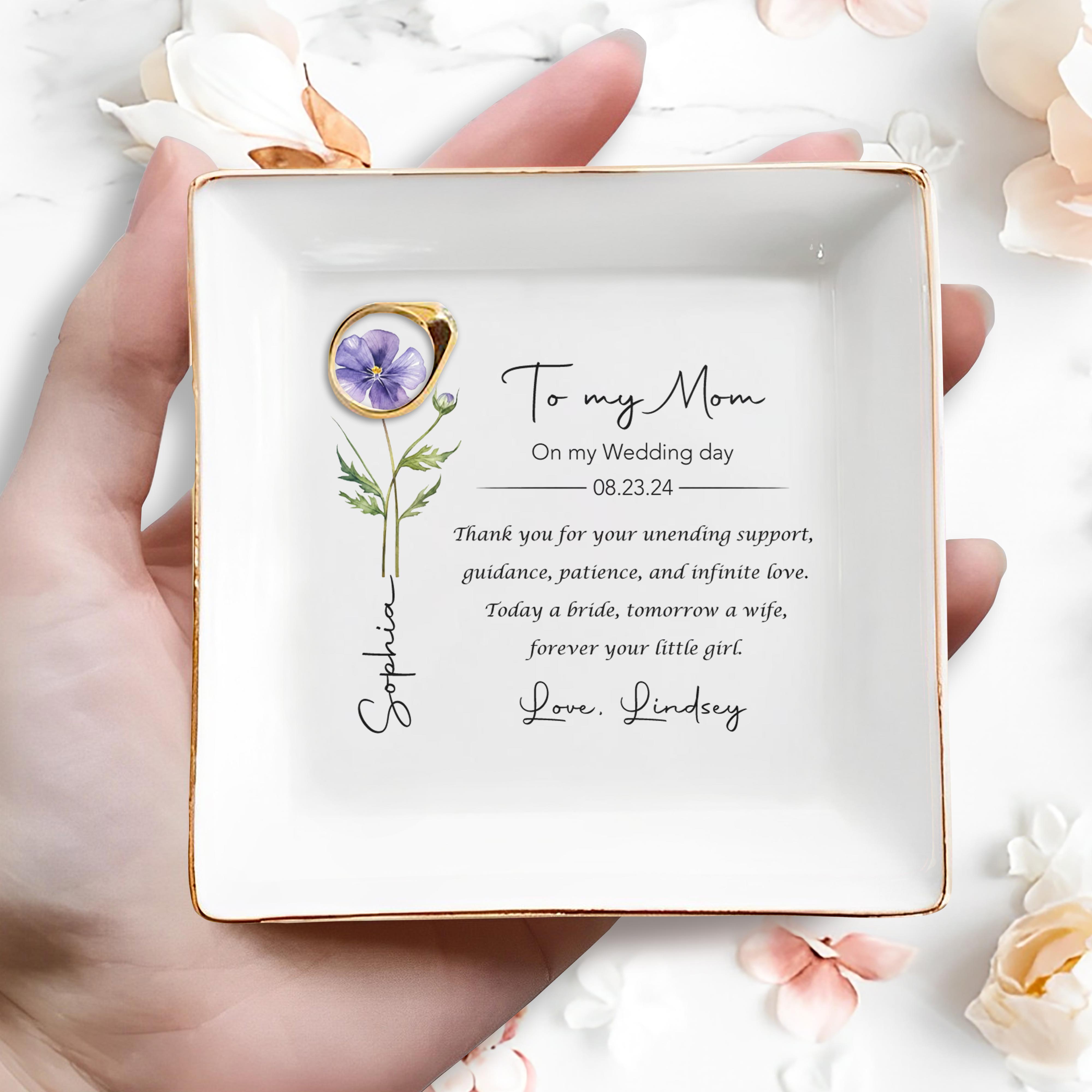 To My Mom On My Wedding Day Flower Jewelry Dish - Personalized Custom Jewelry Dish, Square Ceramic Dish - MOM247_SCRD
