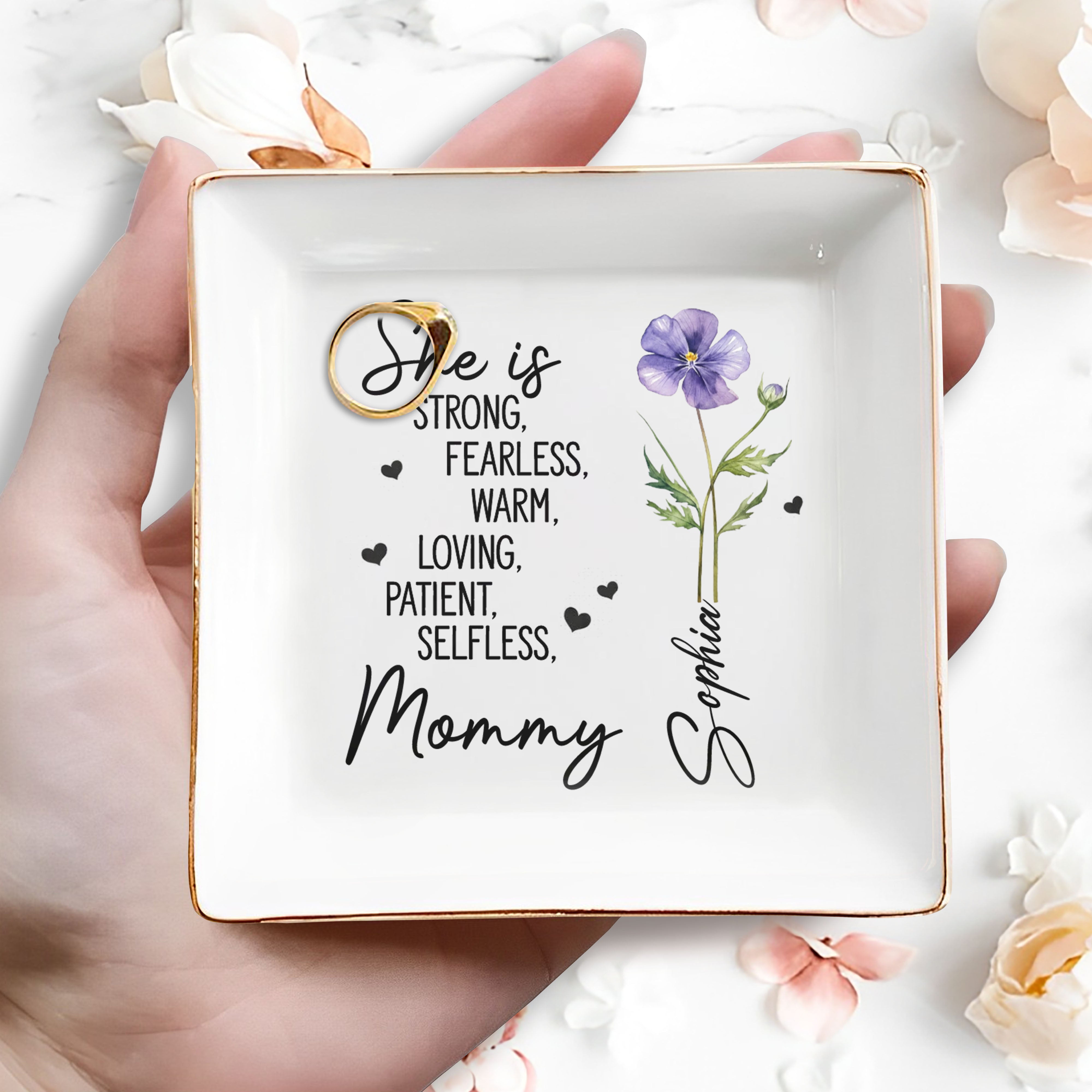 She Is Strong Fearless Mommy Birth Month Flower And Hearts - Personalized Custom Jewelry Dish, Square Ceramic Dish - MOM250_SCRD