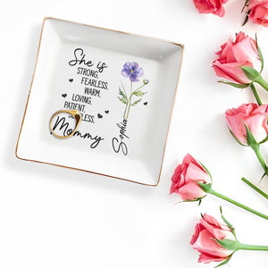 She Is Strong Fearless Mommy Birth Month Flower And Hearts - Personalized Custom Jewelry Dish, Square Ceramic Dish - MOM250_SCRD