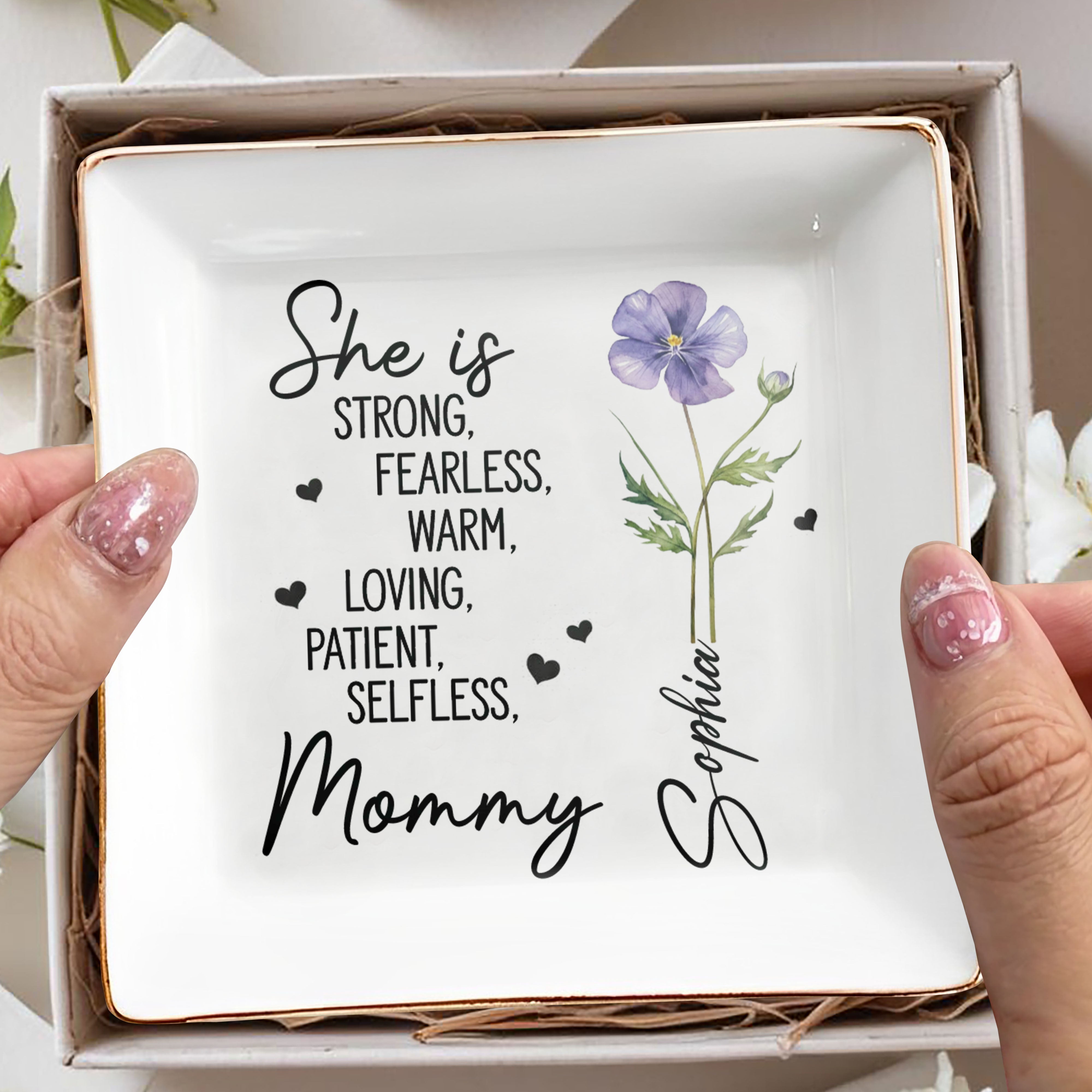 She Is Strong Fearless Mommy Birth Month Flower And Hearts - Personalized Custom Jewelry Dish, Square Ceramic Dish - MOM250_SCRD