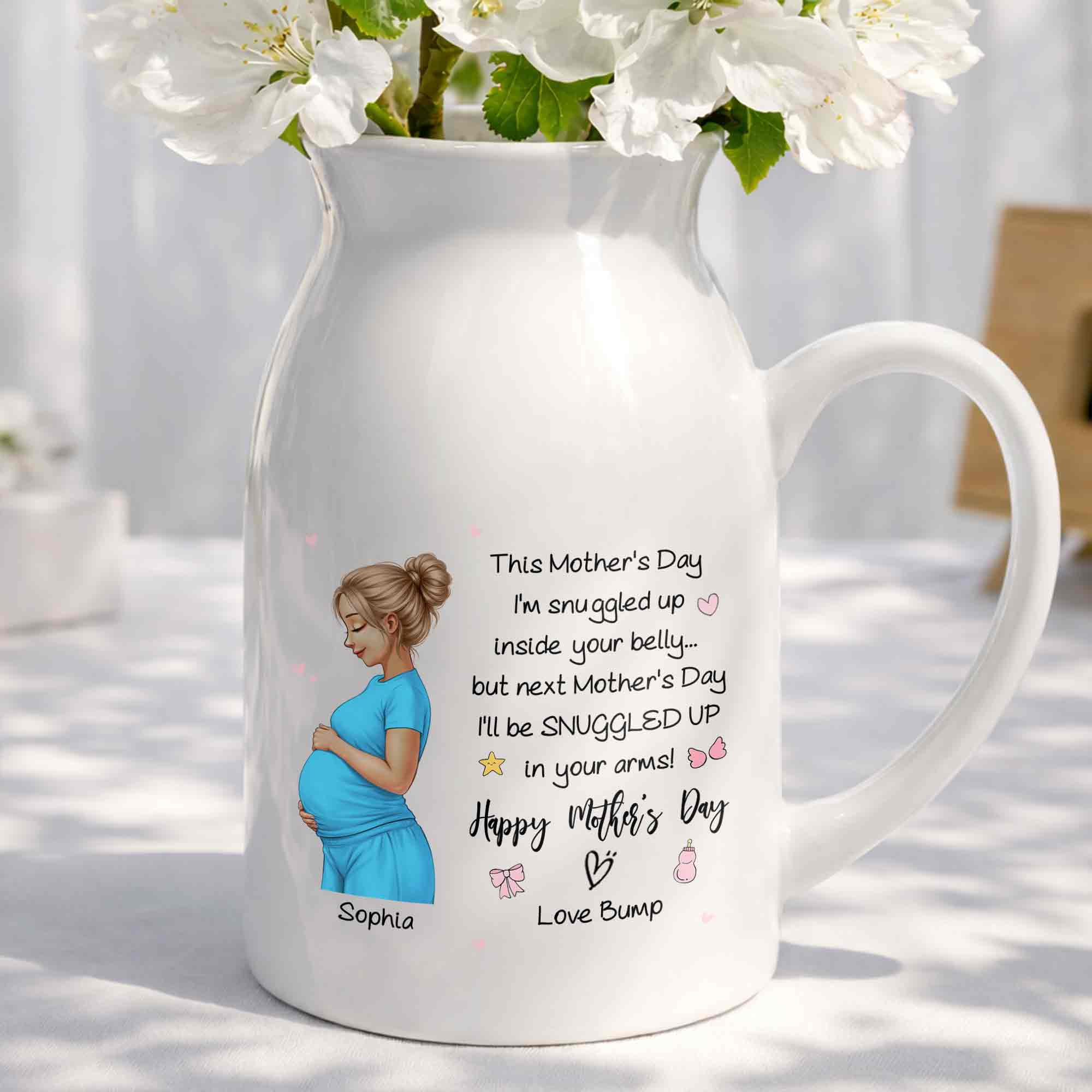 This Mother's Day I'm Snuggled Up Pregnant Woman Design - Personalized Ceramic Flower Vase