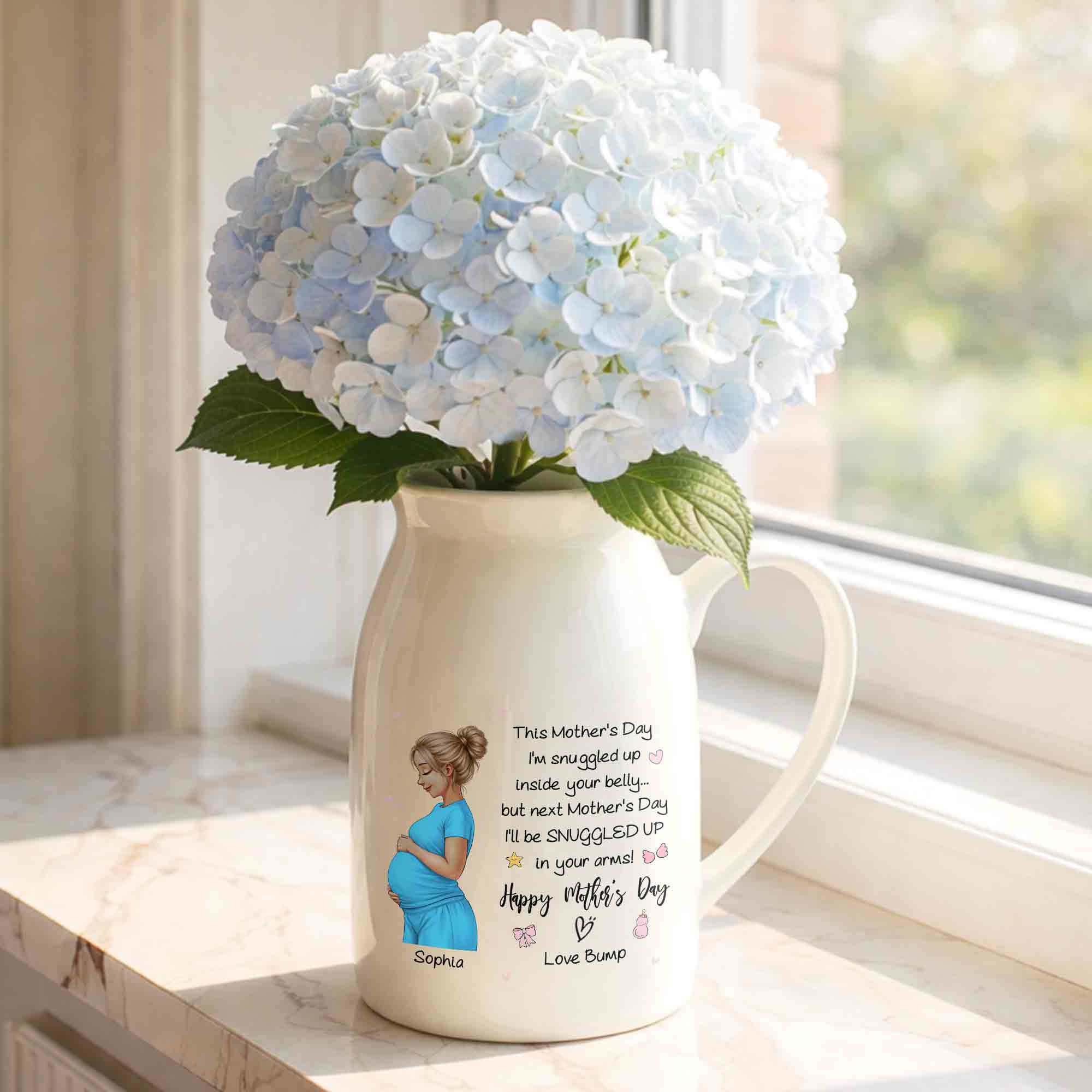 This Mother's Day I'm Snuggled Up Pregnant Woman Design - Personalized Ceramic Flower Vase