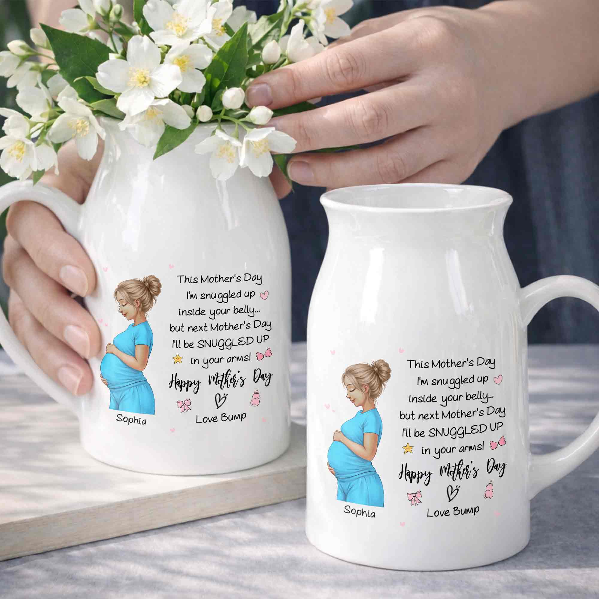 This Mother's Day I'm Snuggled Up Pregnant Woman Design - Personalized Ceramic Flower Vase