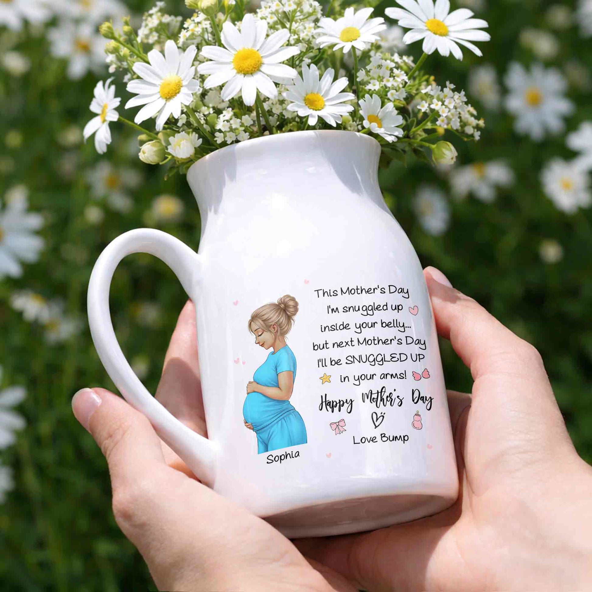 This Mother's Day I'm Snuggled Up Pregnant Woman Design - Personalized Ceramic Flower Vase