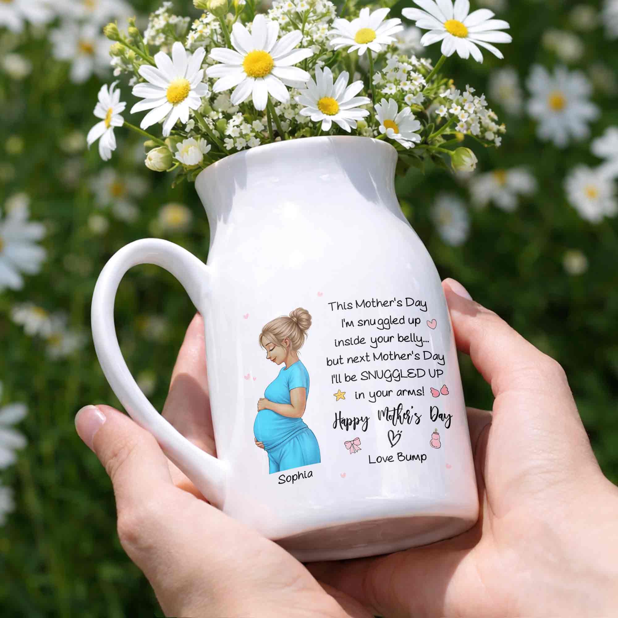 This Mother's Day I'm Snuggled Up Pregnant Woman Design - Personalized Ceramic Flower Vase
