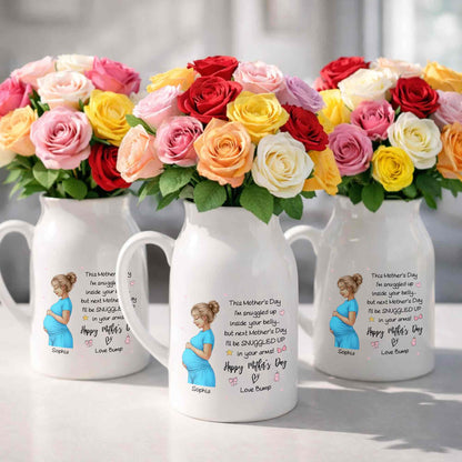 This Mother's Day I'm Snuggled Up Pregnant Woman Design - Personalized Ceramic Flower Vase