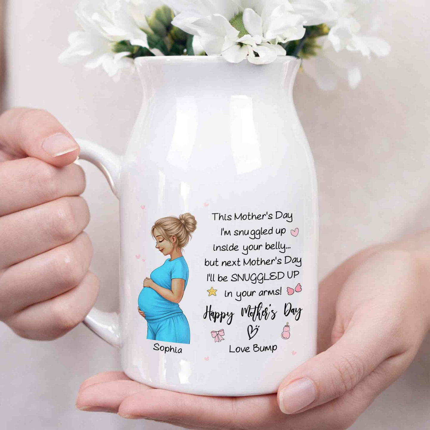 This Mother's Day I'm Snuggled Up Pregnant Woman Design - Personalized Ceramic Flower Vase